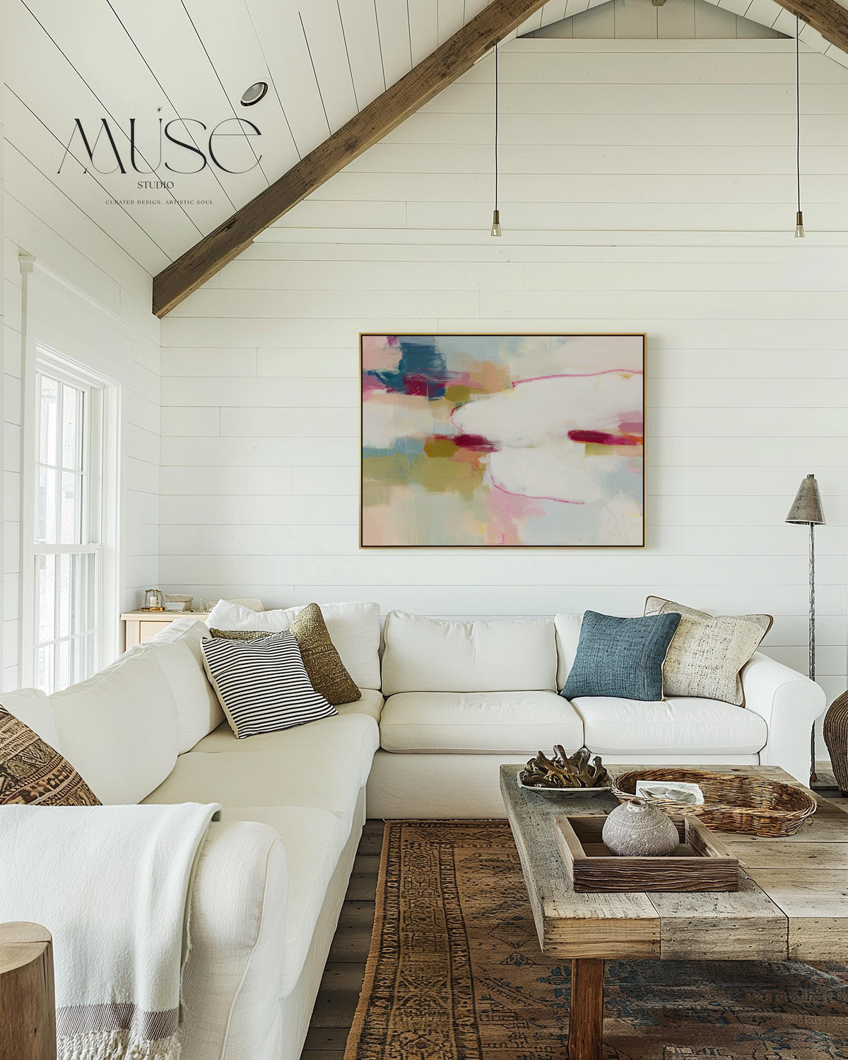 Horizontal abstract canvas wall art in pink, ivory, moss green, and coral tones. Gentle color blending and layered texture create a calm, balanced aesthetic ideal for soft contemporary interiors. Perfect above a sofa, bed, or in an office, this artwork adds warmth and refined style. Gallery-wrapped canvas wall art with a fine-textured surface, ready to hang for a clean, polished finish.