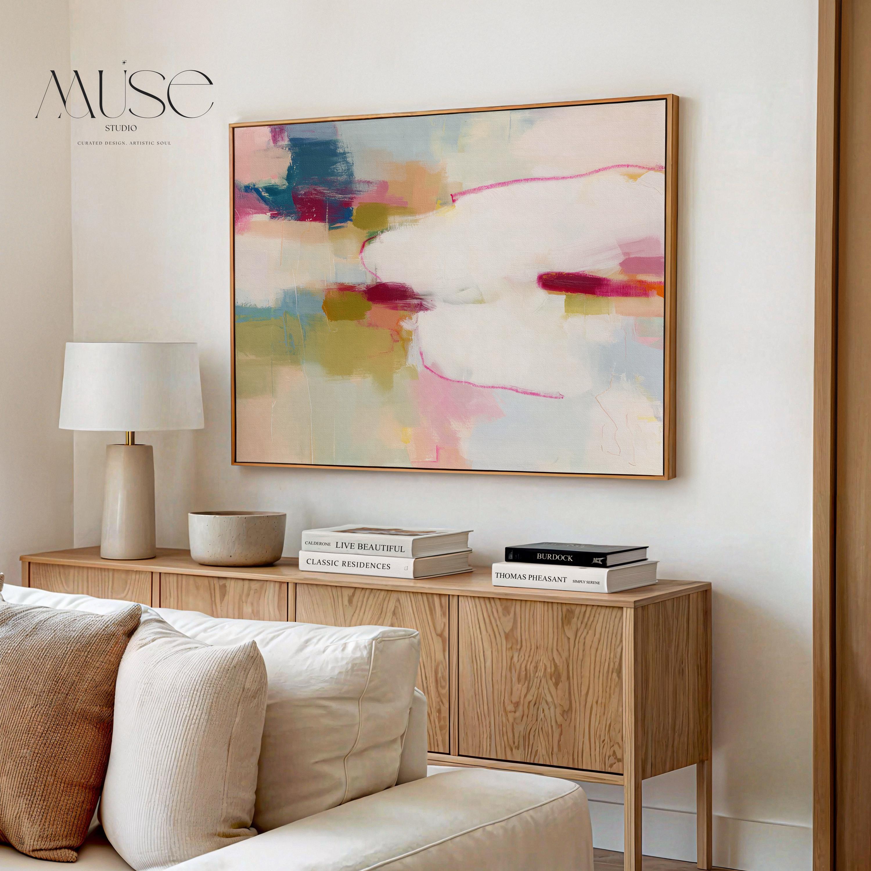 Horizontal abstract canvas wall art in pink, ivory, moss green, and coral tones. Gentle color blending and layered texture create a calm, balanced aesthetic ideal for soft contemporary interiors. Perfect above a sofa, bed, or in an office, this artwork adds warmth and refined style. Gallery-wrapped canvas wall art with a fine-textured surface, ready to hang for a clean, polished finish.