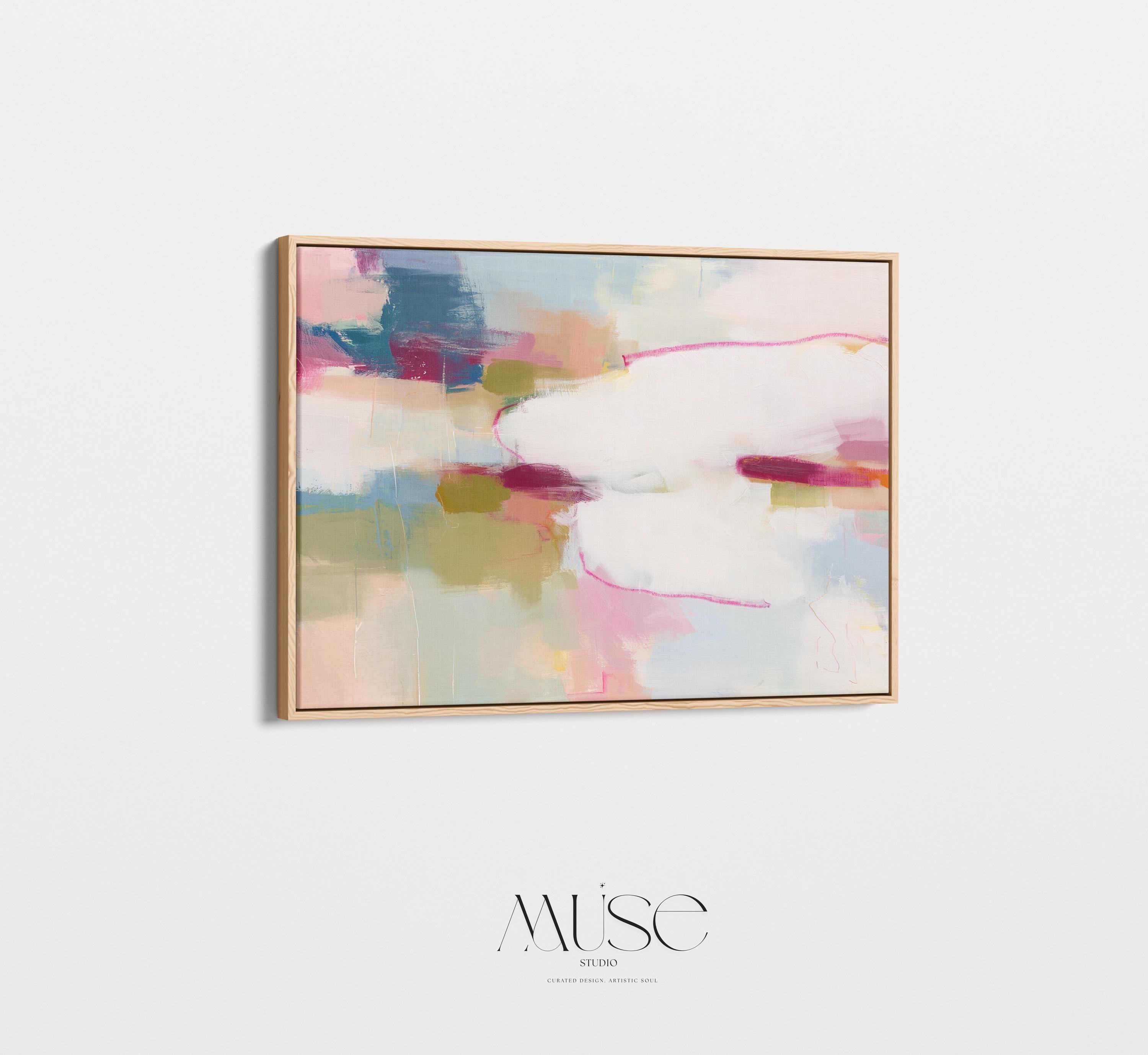 Horizontal abstract canvas wall art in pink, ivory, moss green, and coral tones. Gentle color blending and layered texture create a calm, balanced aesthetic ideal for soft contemporary interiors. Perfect above a sofa, bed, or in an office, this artwork adds warmth and refined style. Gallery-wrapped canvas wall art with a fine-textured surface, ready to hang for a clean, polished finish.
