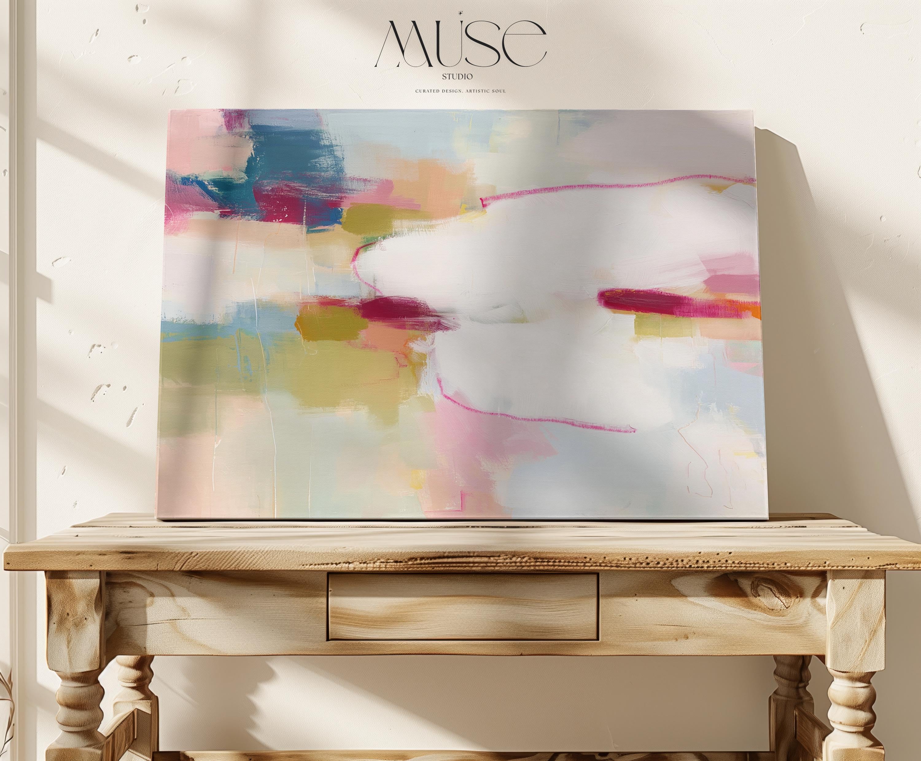Large horizontal abstract canvas wall art featuring pink, ivory, moss green, and coral tones. Soft brushwork and layered texture create a refined, serene look perfect for soft contemporary interiors. Ideal for living rooms, bedrooms, or office spaces. Gallery-wrapped canvas wall art with a smooth, fine-textured finish, ready to hang for a polished, designer presentation.