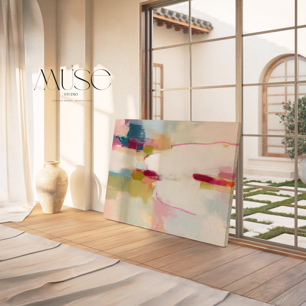 Large horizontal abstract canvas wall art featuring pink, ivory, moss green, and coral tones. Soft brushwork and layered texture create a refined, serene look perfect for soft contemporary interiors. Ideal for living rooms, bedrooms, or office spaces. Gallery-wrapped canvas wall art with a smooth, fine-textured finish, ready to hang for a polished, designer presentation.