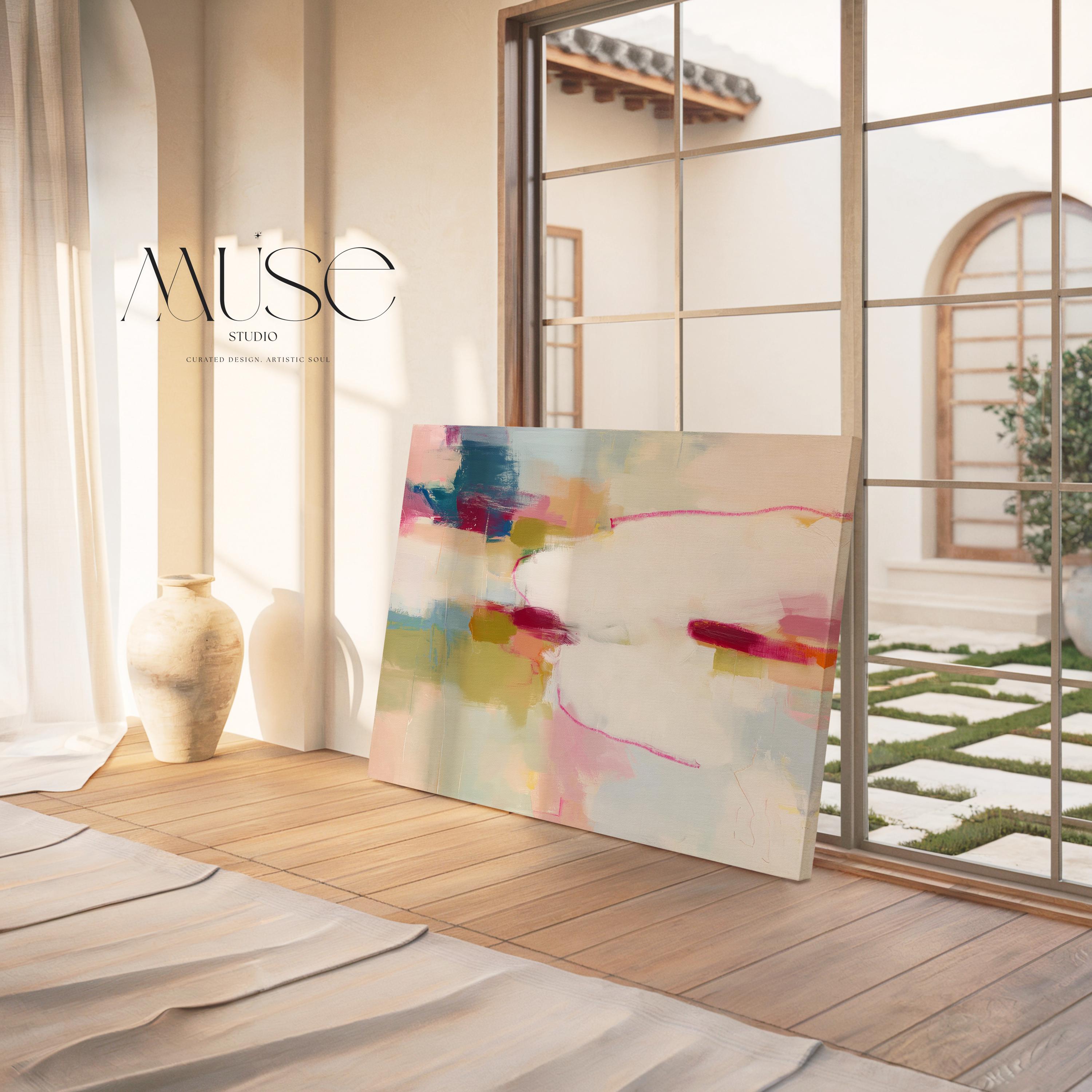 Large horizontal abstract canvas wall art featuring pink, ivory, moss green, and coral tones. Soft brushwork and layered texture create a refined, serene look perfect for soft contemporary interiors. Ideal for living rooms, bedrooms, or office spaces. Gallery-wrapped canvas wall art with a smooth, fine-textured finish, ready to hang for a polished, designer presentation.