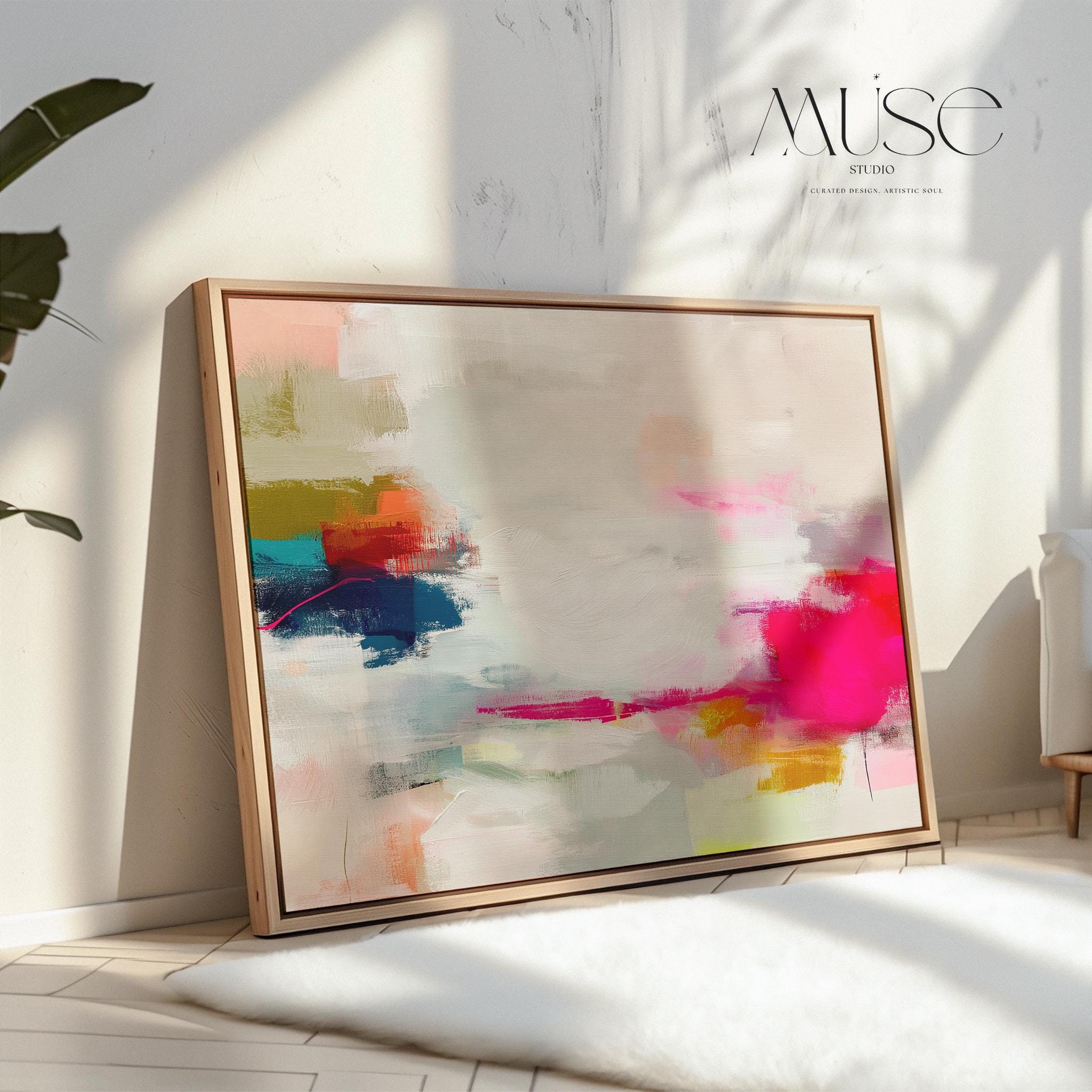 Horizontal abstract canvas wall art in vivid pink, coral, olive, and navy tones. Expressive brushwork creates depth and energy, ideal for Color Pop interiors. Perfect for living rooms, offices, or creative spaces needing warmth and vibrancy. Gallery-wrapped canvas wall art with a fine-textured surface, ready to hang and styled for a clean, modern look.