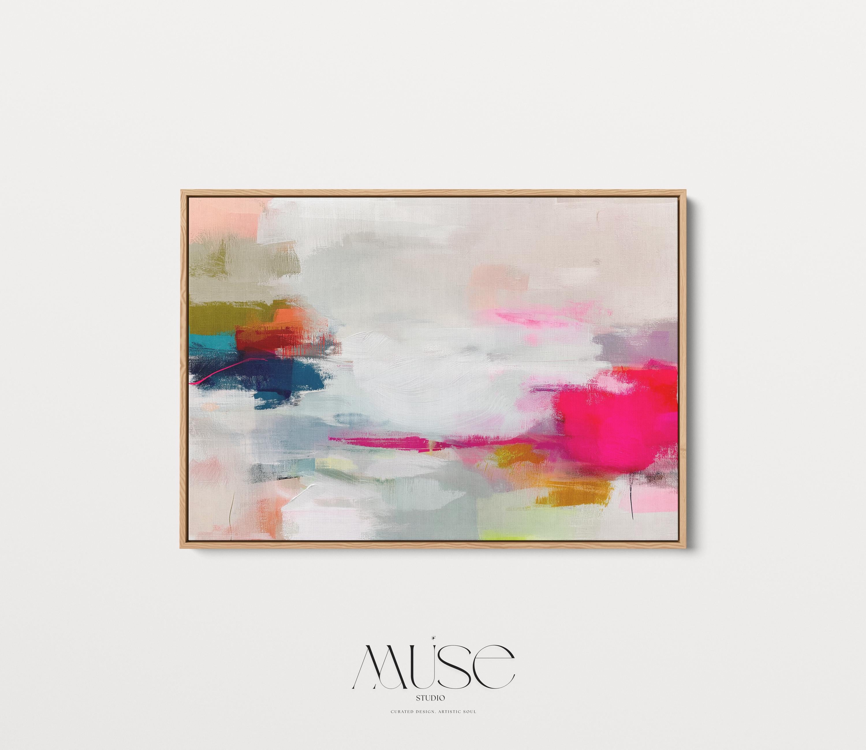 Horizontal abstract canvas wall art in vivid pink, coral, olive, and navy tones. Expressive brushwork creates depth and energy, ideal for Color Pop interiors. Perfect for living rooms, offices, or creative spaces needing warmth and vibrancy. Gallery-wrapped canvas wall art with a fine-textured surface, ready to hang and styled for a clean, modern look.