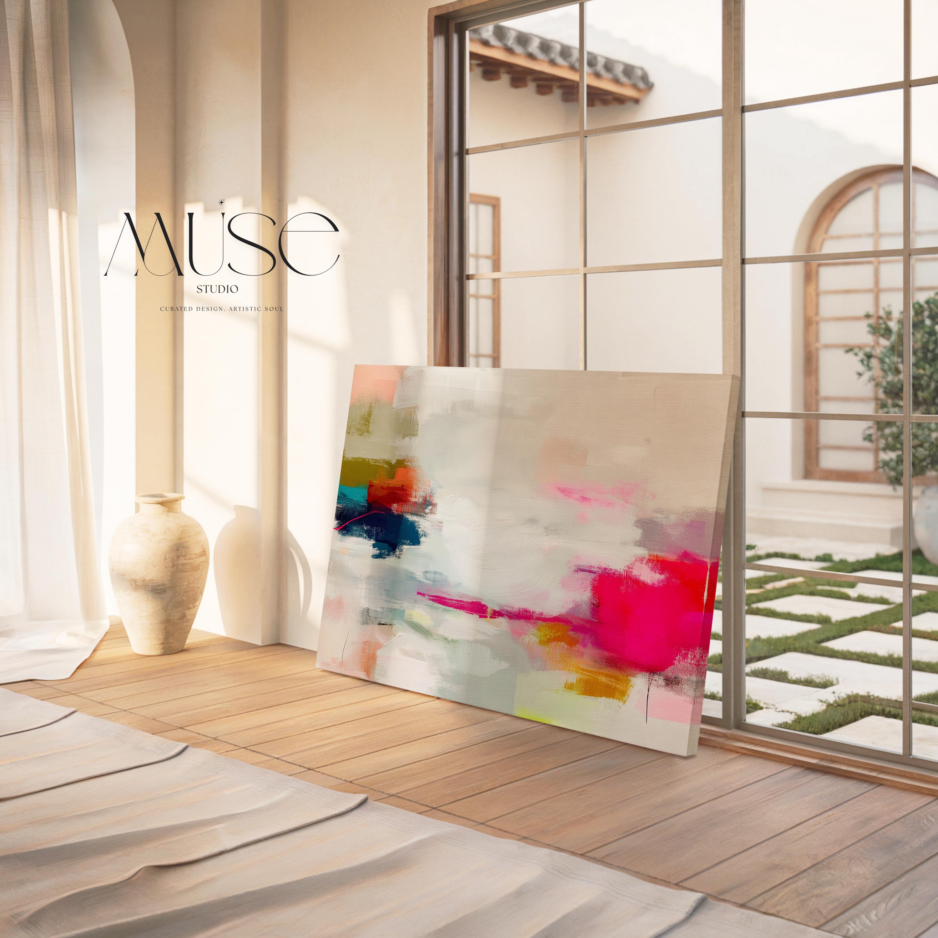 Horizontal abstract canvas wall art in vivid pink, coral, olive, and navy tones. Expressive brushwork creates movement and warmth, ideal for Color Pop interiors. Perfect for living rooms, offices, or creative studios. Gallery-wrapped canvas wall art with a smooth, fine-textured surface, ready to hang for a refined designer presentation.