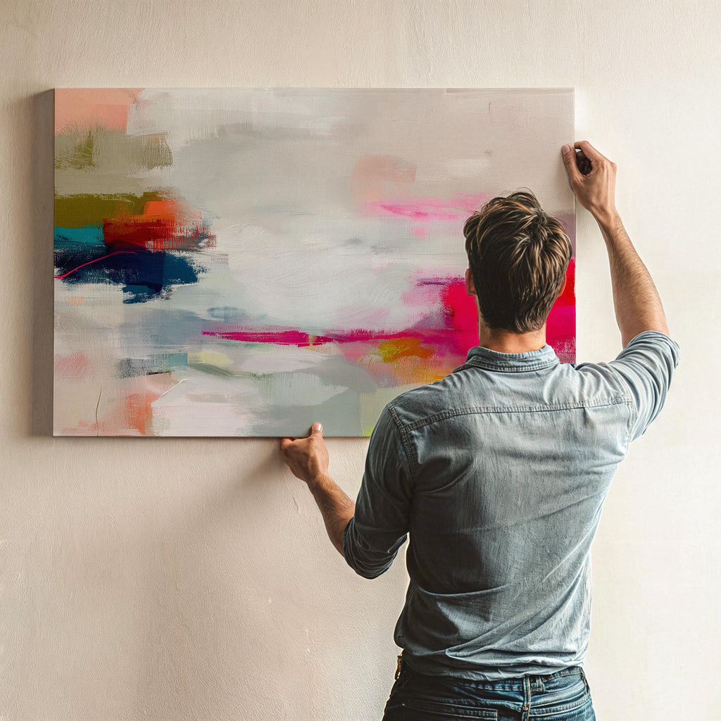 Horizontal abstract canvas wall art in vivid pink, coral, olive, and navy tones. Expressive brushwork creates movement and warmth, ideal for Color Pop interiors. Perfect for living rooms, offices, or creative studios. Gallery-wrapped canvas wall art with a smooth, fine-textured surface, ready to hang for a refined designer presentation.