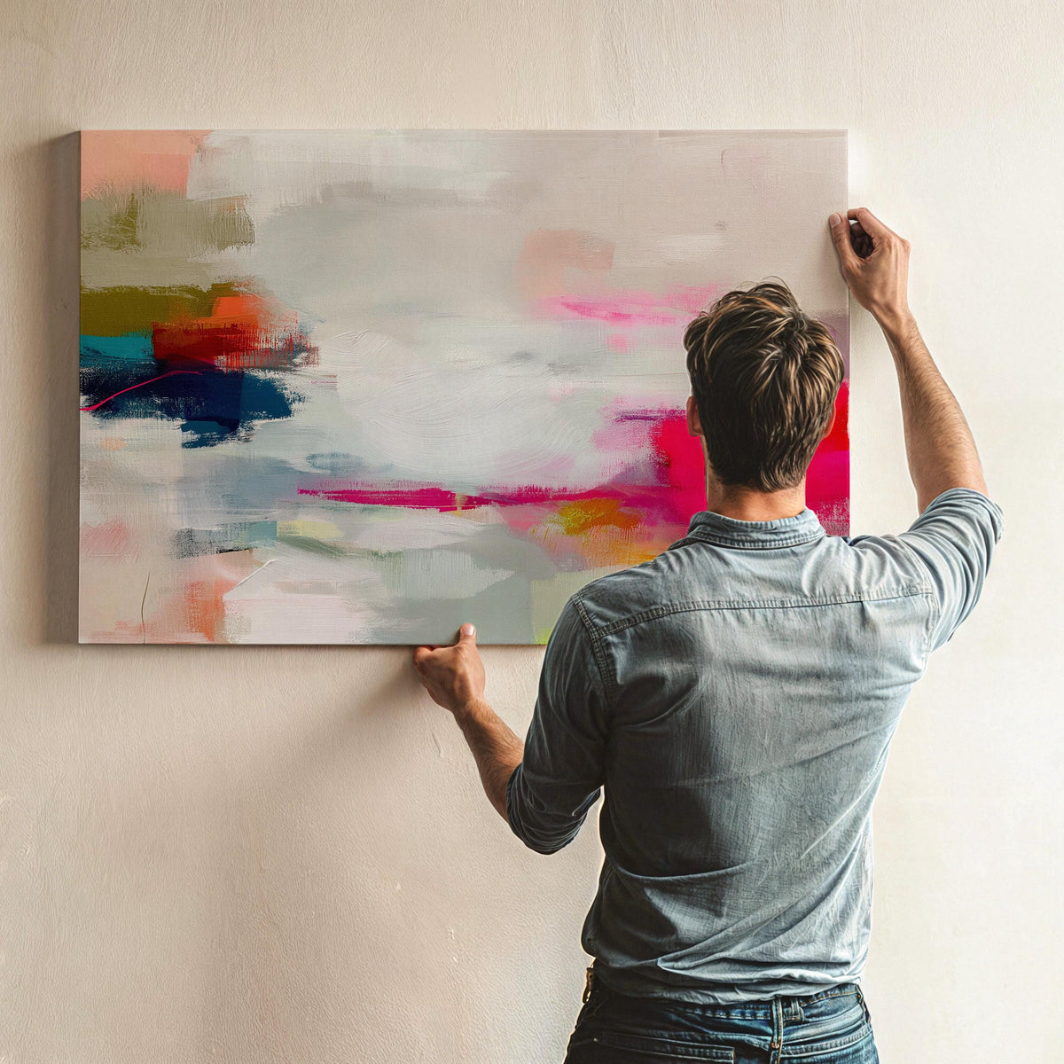 Horizontal abstract canvas wall art in vivid pink, coral, olive, and navy tones. Expressive brushwork creates movement and warmth, ideal for Color Pop interiors. Perfect for living rooms, offices, or creative studios. Gallery-wrapped canvas wall art with a smooth, fine-textured surface, ready to hang for a refined designer presentation.