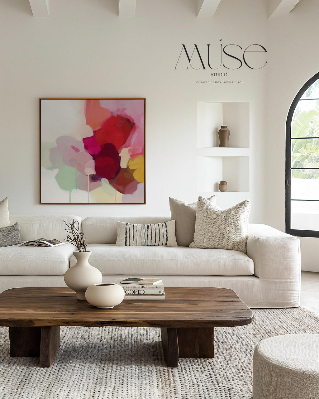 Large square abstract wall art in vivid red, pink, plum, and green hues with layered brushwork and soft tonal transitions. Designed for Color Pop interiors, this vibrant canvas creates a statement centerpiece in living rooms or modern spaces. Gallery-wrapped canvas wall art with fine texture and a clean, frameless presentation, ready to hang and elevate any room with bright, joyful color.
