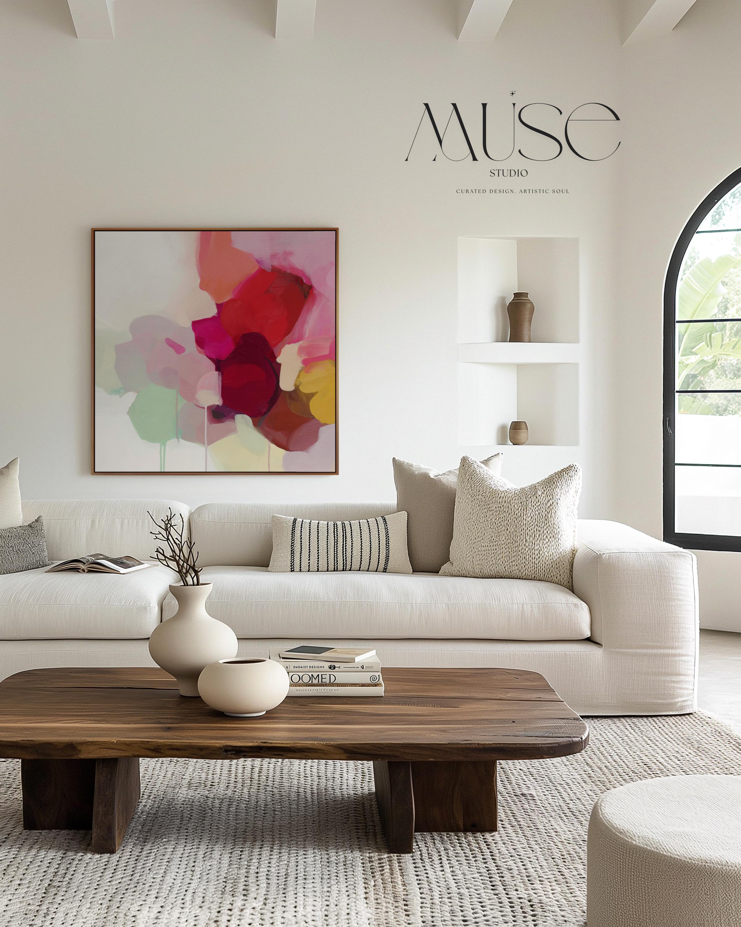 Large square abstract wall art in vivid red, pink, plum, and green hues with layered brushwork and soft tonal transitions. Designed for Color Pop interiors, this vibrant canvas creates a statement centerpiece in living rooms or modern spaces. Gallery-wrapped canvas wall art with fine texture and a clean, frameless presentation, ready to hang and elevate any room with bright, joyful color.