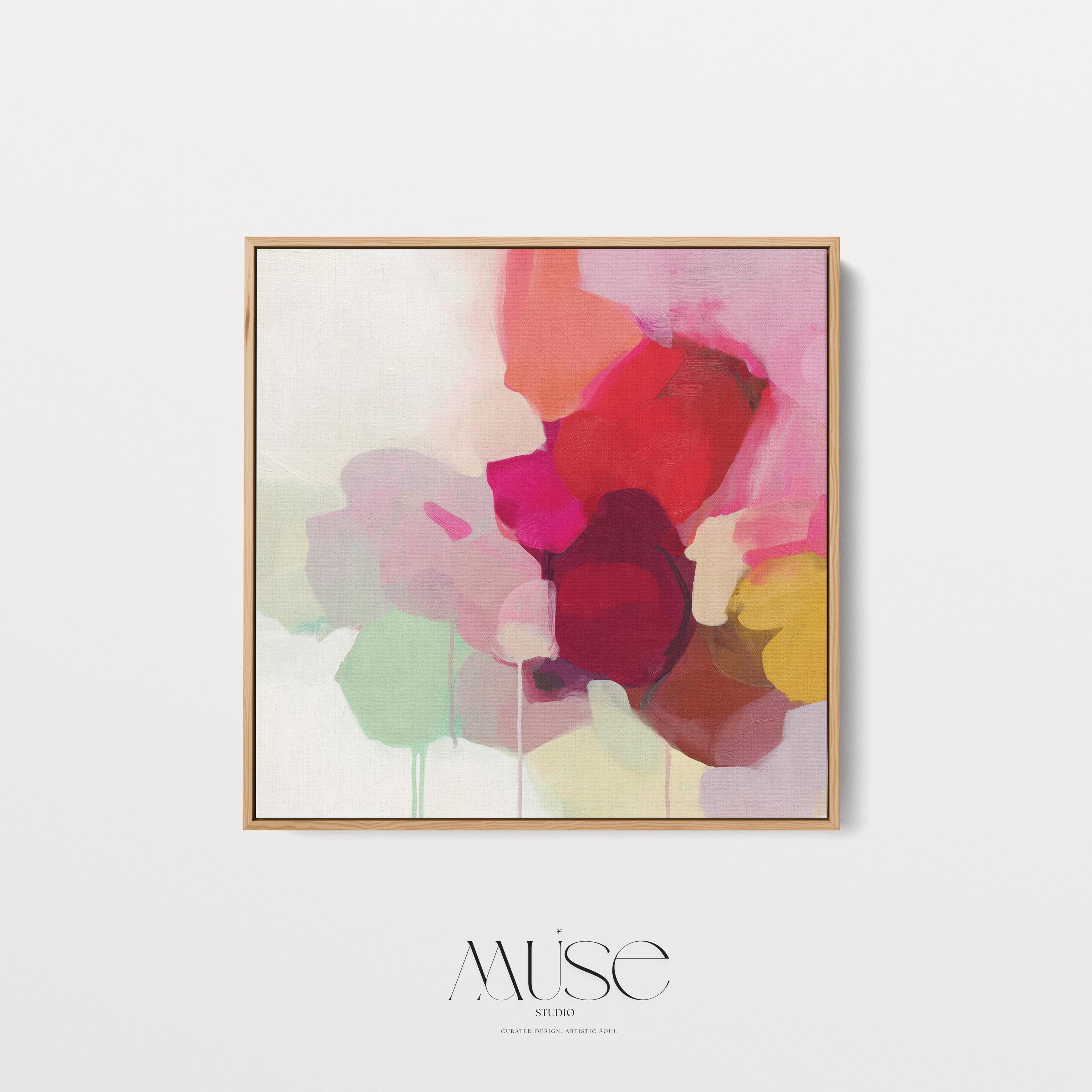 Large square abstract wall art in vivid red, pink, plum, and green hues with layered brushwork and soft tonal transitions. Designed for Color Pop interiors, this vibrant canvas creates a statement centerpiece in living rooms or modern spaces. Gallery-wrapped canvas wall art with fine texture and a clean, frameless presentation, ready to hang and elevate any room with bright, joyful color.