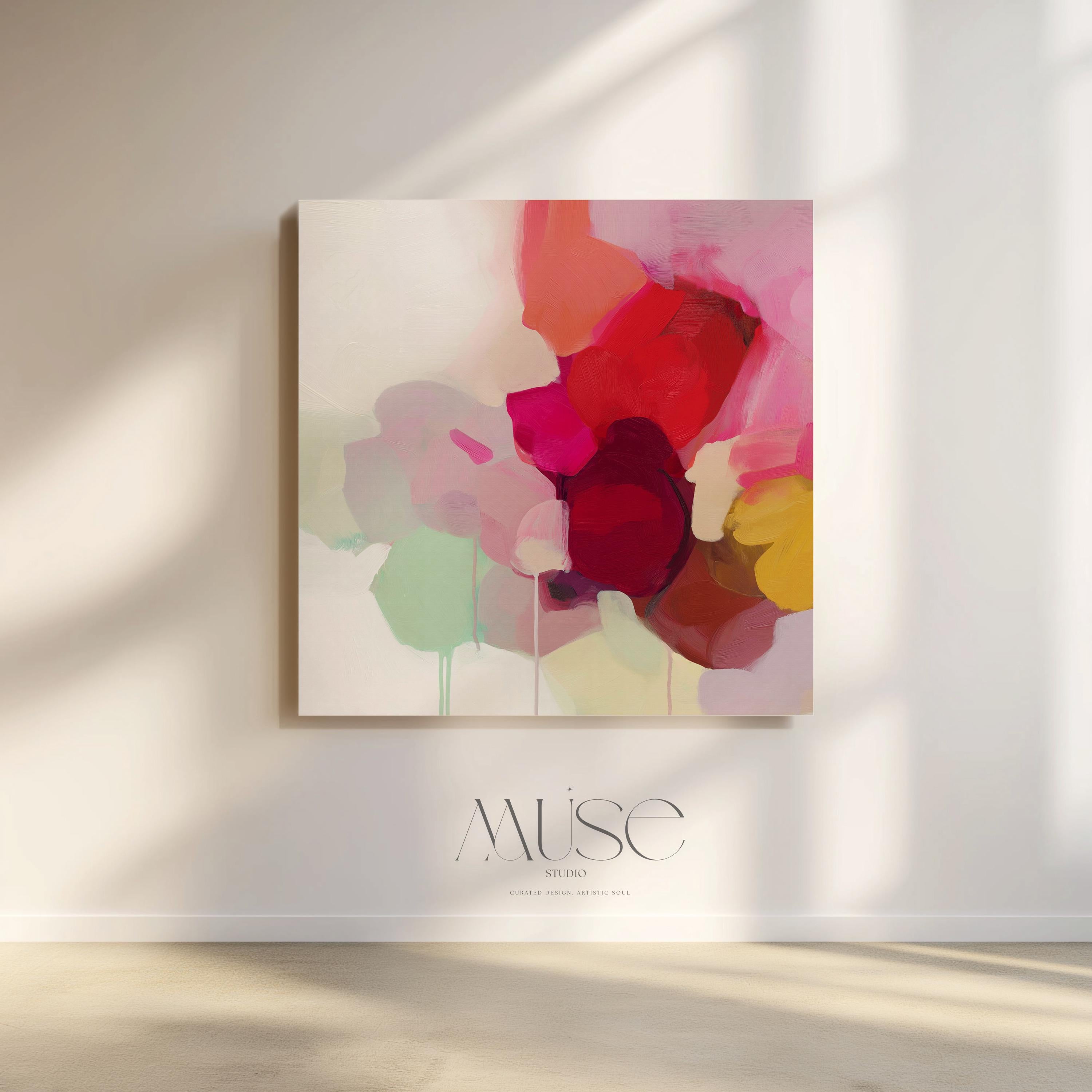 Large square abstract wall art featuring crimson, rose, plum, and soft green tones. This vibrant piece blends fluid color transitions with expressive brushwork, perfect for Color Pop or Soft Contemporary interiors. Ideal for living rooms or creative spaces. Gallery-wrapped canvas wall art with a fine-textured surface, ready to hang and infuse any room with bold, joyful color.