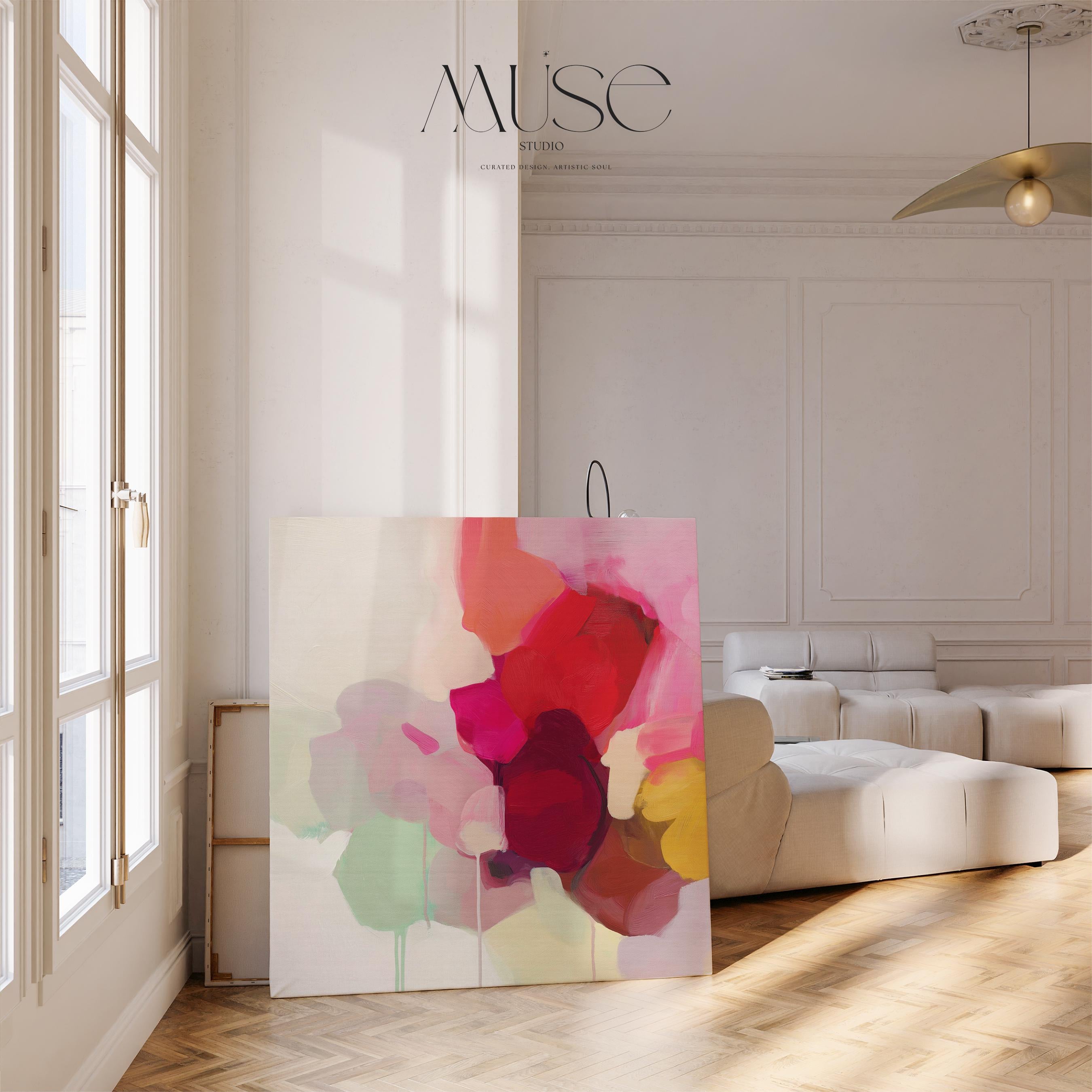 Large square abstract wall art featuring crimson, rose, plum, and soft green tones. This vibrant piece blends fluid color transitions with expressive brushwork, perfect for Color Pop or Soft Contemporary interiors. Ideal for living rooms or creative spaces. Gallery-wrapped canvas wall art with a fine-textured surface, ready to hang and infuse any room with bold, joyful color.