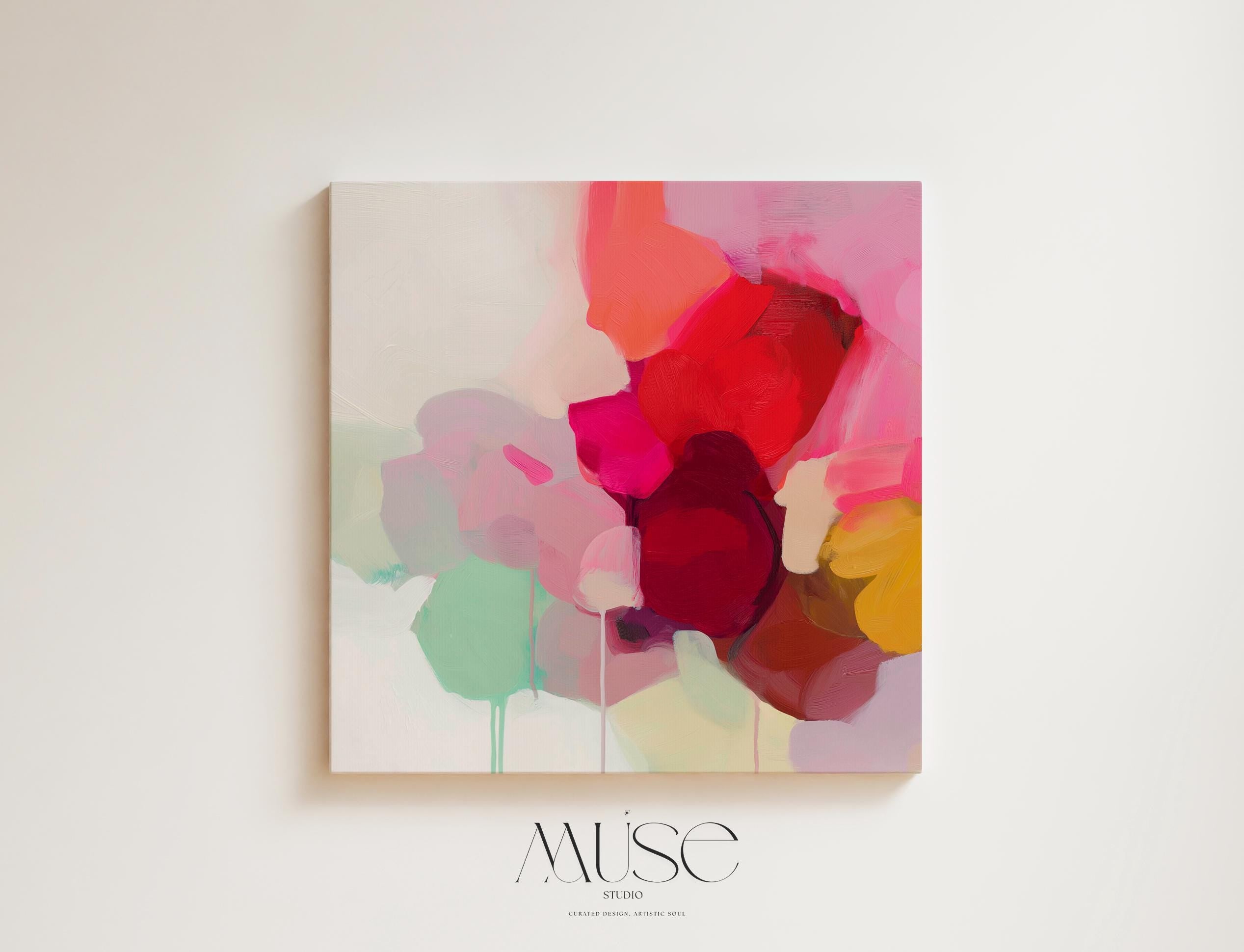 Large square abstract wall art featuring crimson, rose, plum, and soft green tones. This vibrant piece blends fluid color transitions with expressive brushwork, perfect for Color Pop or Soft Contemporary interiors. Ideal for living rooms or creative spaces. Gallery-wrapped canvas wall art with a fine-textured surface, ready to hang and infuse any room with bold, joyful color.