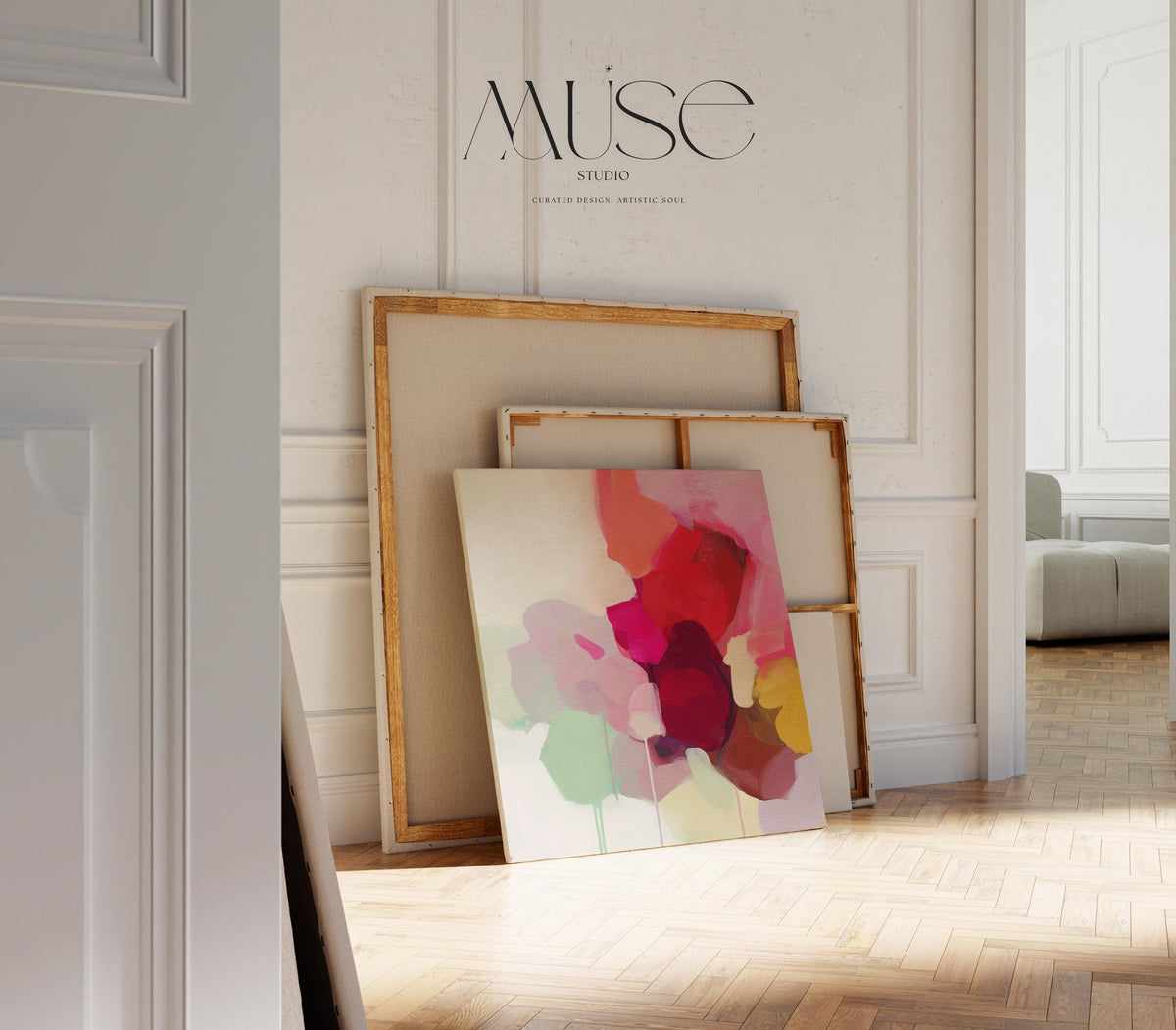 Large square abstract wall art featuring crimson, rose, plum, and soft green tones. This vibrant piece blends fluid color transitions with expressive brushwork, perfect for Color Pop or Soft Contemporary interiors. Ideal for living rooms or creative spaces. Gallery-wrapped canvas wall art with a fine-textured surface, ready to hang and infuse any room with bold, joyful color.