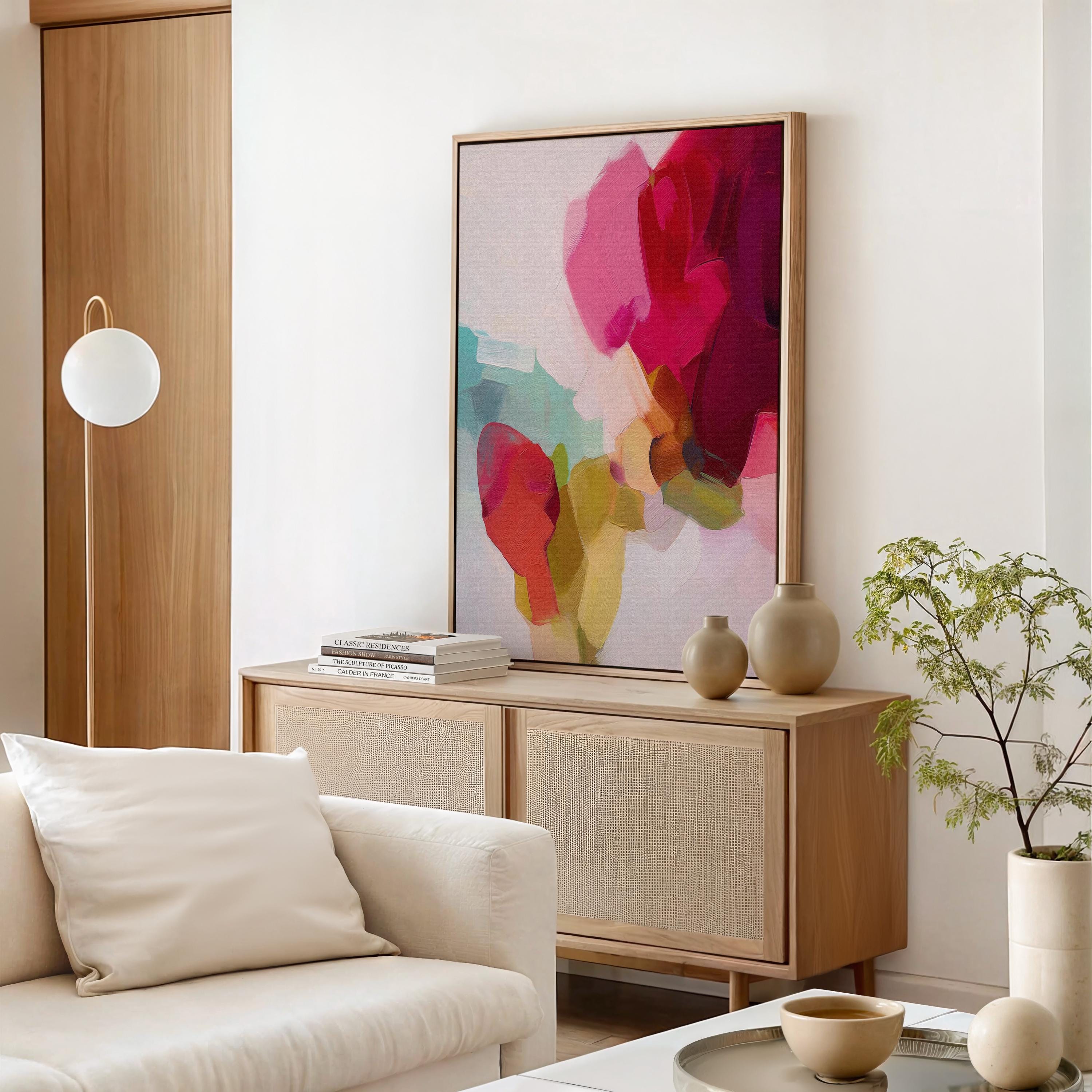 Vertical abstract canvas wall art in red, coral, ochre, and mint hues. Expressive brushstrokes and luminous layers create bold visual movement, ideal for Color Pop or designer interiors. Perfect for bedrooms, living rooms, or studio spaces needing warmth and vibrancy. Gallery-wrapped canvas wall art with fine-textured surface, ready to hang and styled for a refined, modern aesthetic.
