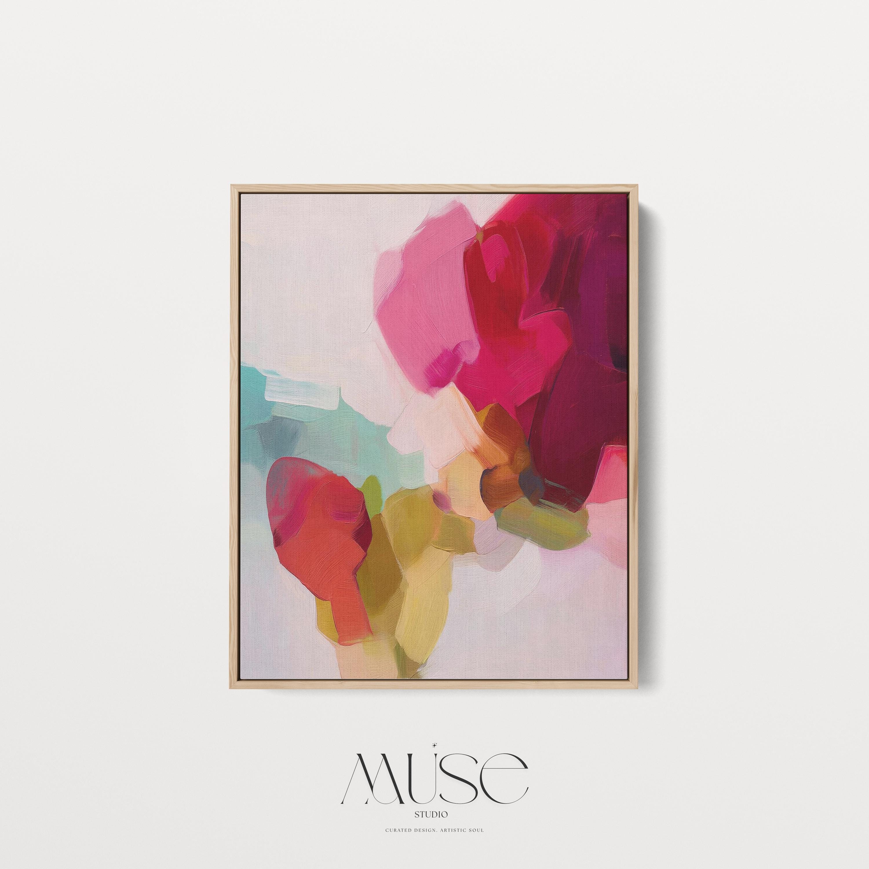 Vertical abstract canvas wall art in red, coral, ochre, and mint hues. Expressive brushstrokes and luminous layers create bold visual movement, ideal for Color Pop or designer interiors. Perfect for bedrooms, living rooms, or studio spaces needing warmth and vibrancy. Gallery-wrapped canvas wall art with fine-textured surface, ready to hang and styled for a refined, modern aesthetic.