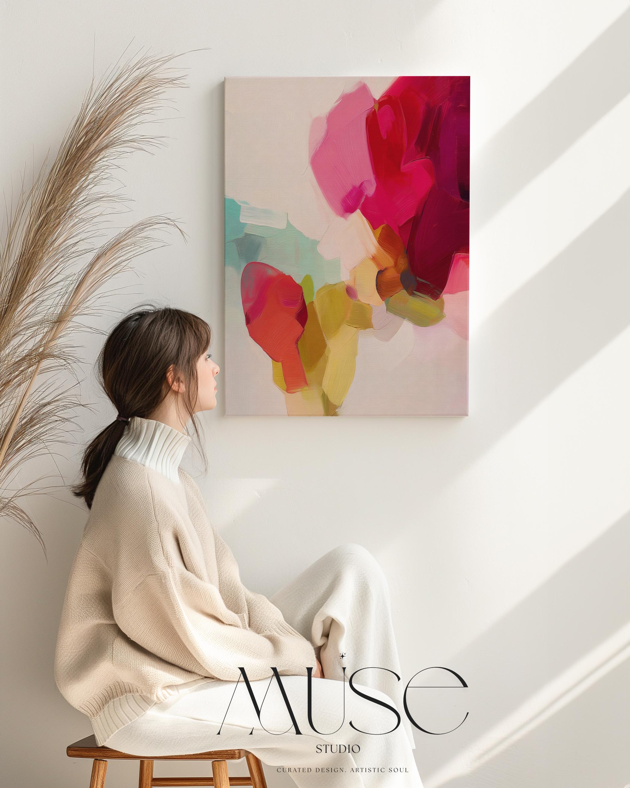 Red Coral and Green Abstract Wall Art · Vertical Wall Art · Color Pop Decor · Statement Artwork for Bedroom or Studio · Muse Studio 579