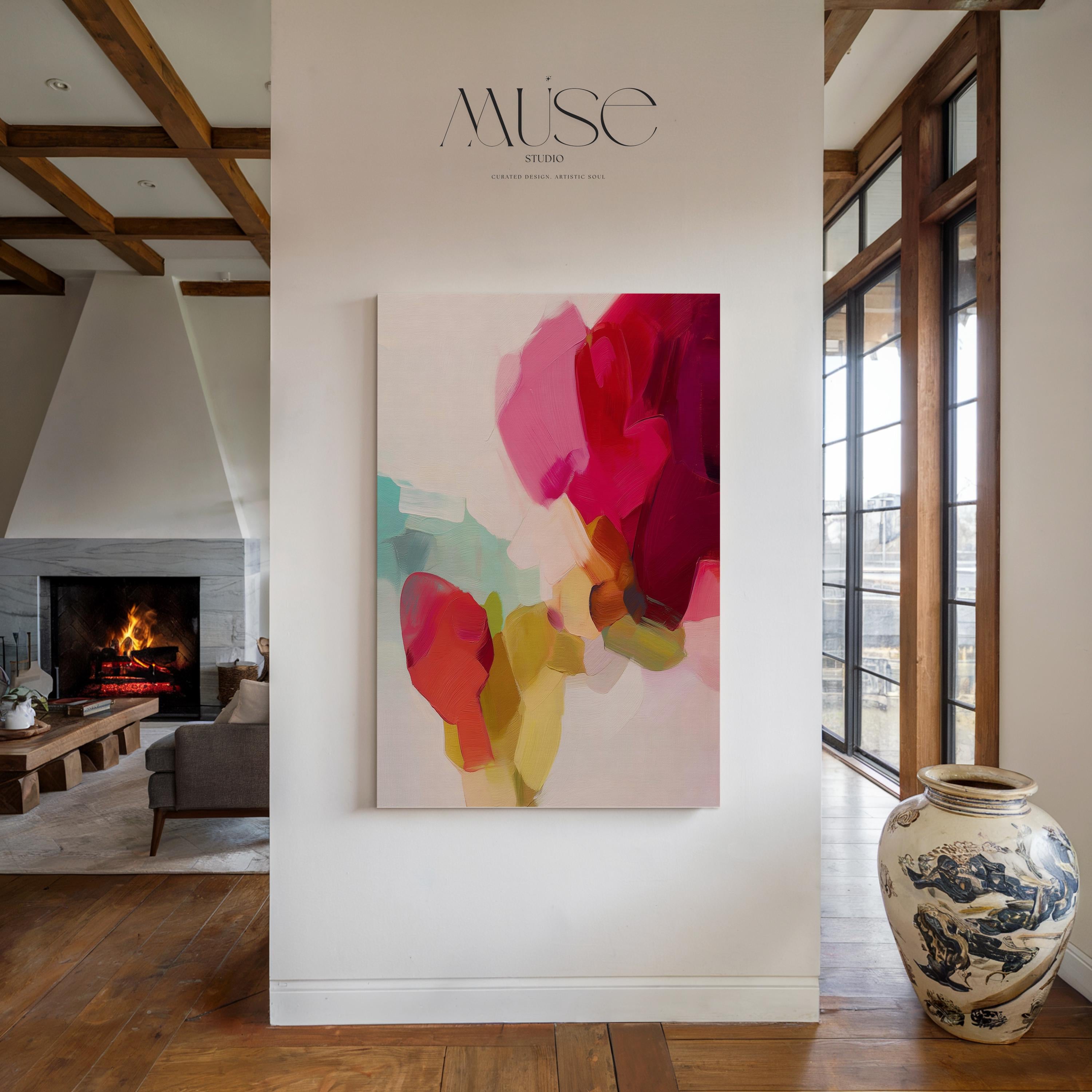 Red Coral and Green Abstract Wall Art · Vertical Wall Art · Color Pop Decor · Statement Artwork for Bedroom or Studio · Muse Studio 579