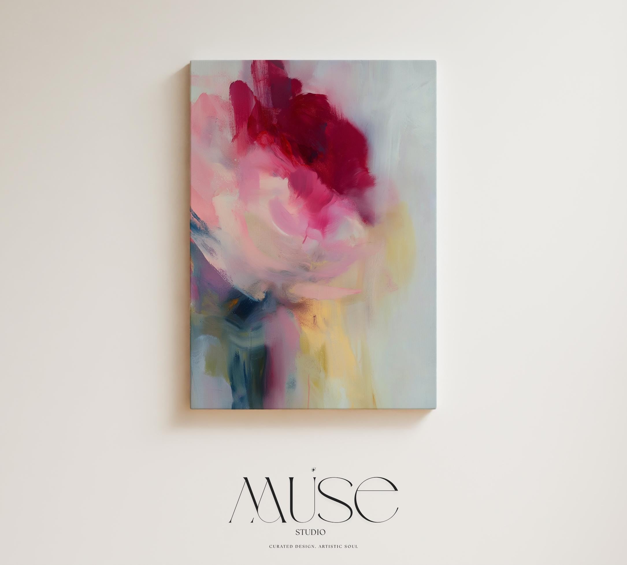 Vertical abstract wall art featuring bold red, rose, and soft blush tones with painterly transitions of light and motion. Perfect for Soft Contemporary interiors, this romantic yet modern design complements bedrooms, entryways, and curated living spaces. Printed on archival cotton-blend canvas and hand-stretched over solid wood bars for a refined gallery finish.