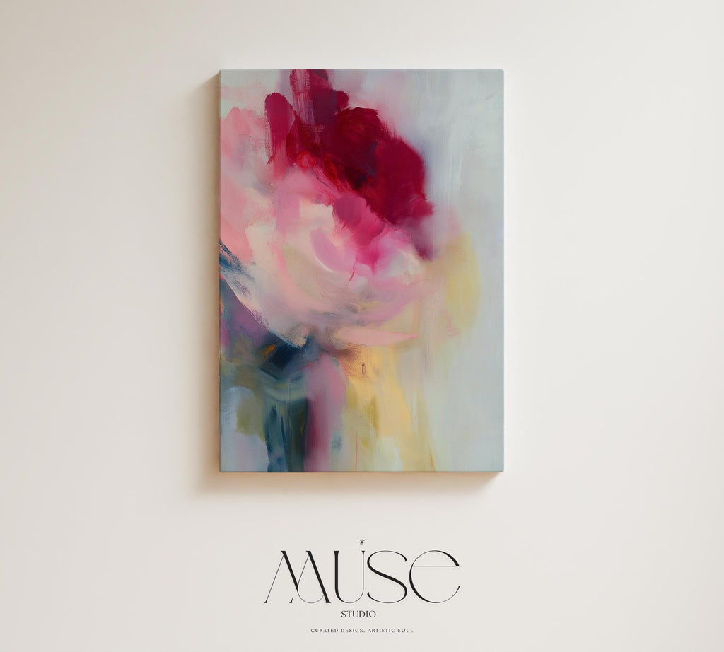 Vertical abstract wall art featuring bold red, rose, and soft blush tones with painterly transitions of light and motion. Perfect for Soft Contemporary interiors, this romantic yet modern design complements bedrooms, entryways, and curated living spaces. Printed on archival cotton-blend canvas and hand-stretched over solid wood bars for a refined gallery finish.