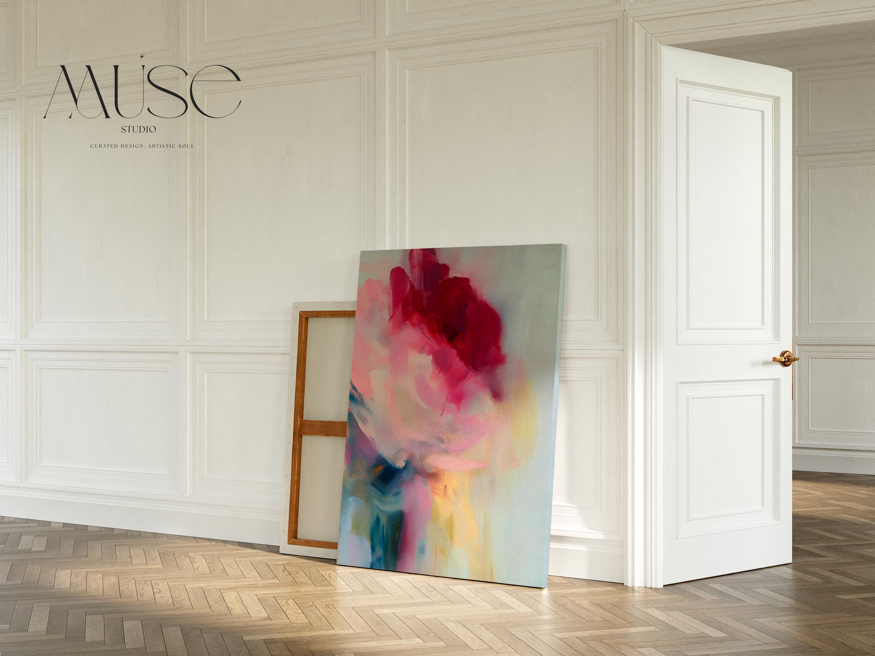 Vertical abstract wall art featuring bold red, rose, and soft blush tones with painterly transitions of light and motion. Perfect for Soft Contemporary interiors, this romantic yet modern design complements bedrooms, entryways, and curated living spaces. Printed on archival cotton-blend canvas and hand-stretched over solid wood bars for a refined gallery finish.