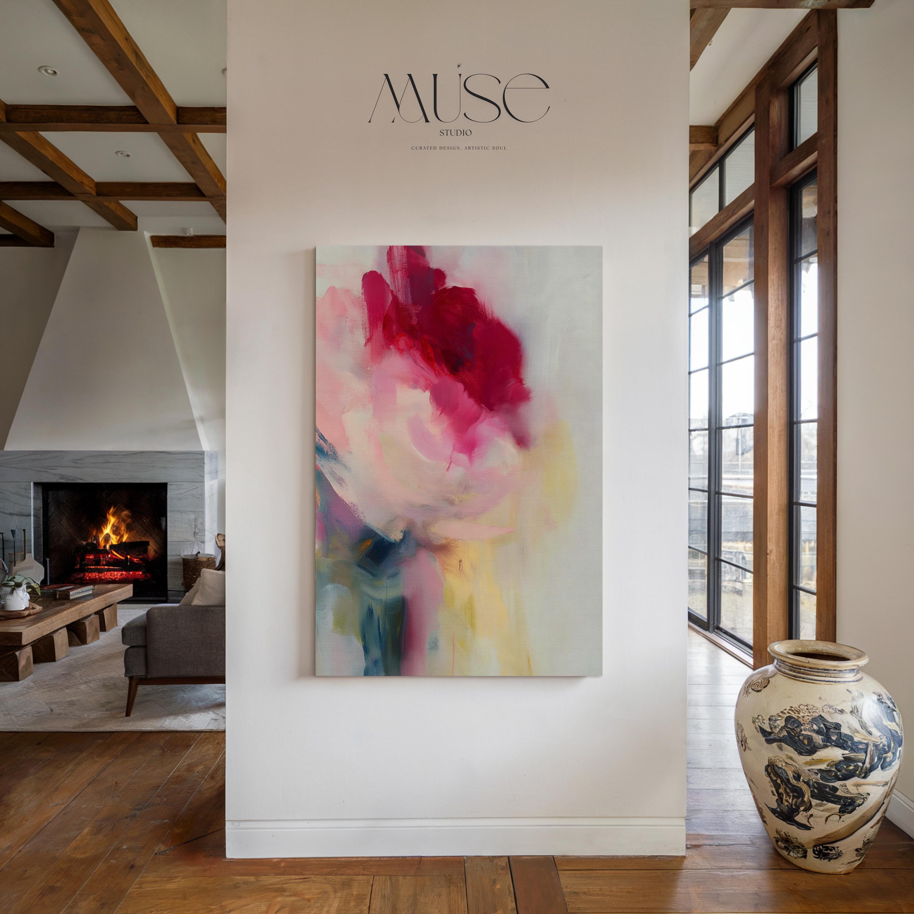 Vertical abstract wall art featuring bold red, rose, and soft blush tones with painterly transitions of light and motion. Perfect for Soft Contemporary interiors, this romantic yet modern design complements bedrooms, entryways, and curated living spaces. Printed on archival cotton-blend canvas and hand-stretched over solid wood bars for a refined gallery finish.