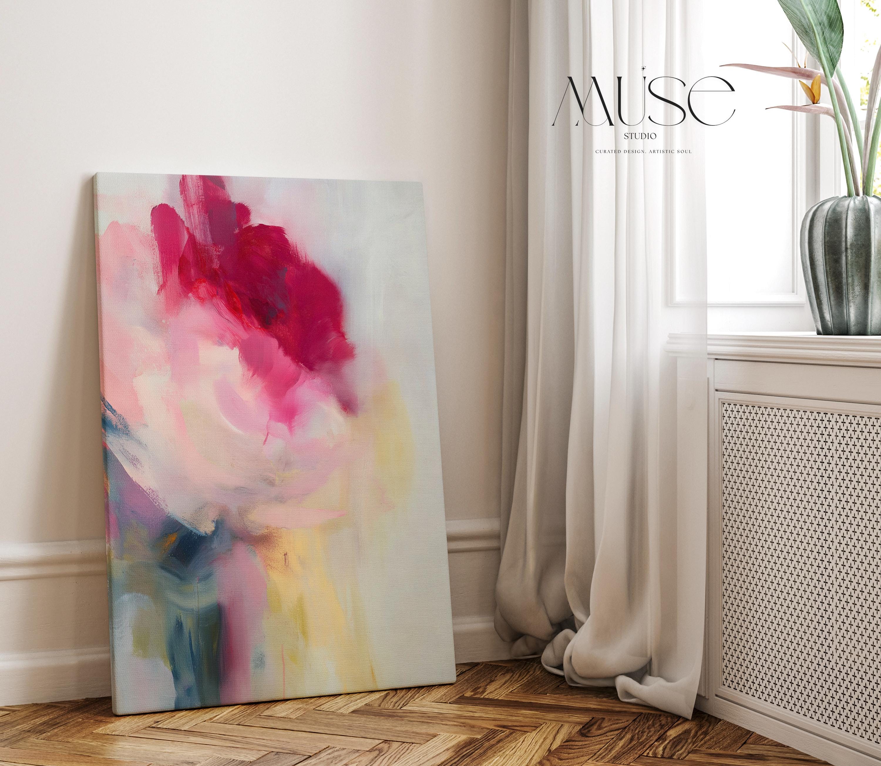 Vertical abstract wall art featuring bold red, rose, and soft blush tones with painterly transitions of light and motion. Perfect for Soft Contemporary interiors, this romantic yet modern design complements bedrooms, entryways, and curated living spaces. Printed on archival cotton-blend canvas and hand-stretched over solid wood bars for a refined gallery finish.