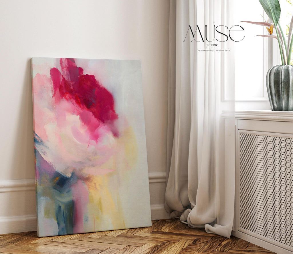 Vertical abstract wall art featuring bold red, rose, and soft blush tones with painterly transitions of light and motion. Perfect for Soft Contemporary interiors, this romantic yet modern design complements bedrooms, entryways, and curated living spaces. Printed on archival cotton-blend canvas and hand-stretched over solid wood bars for a refined gallery finish.