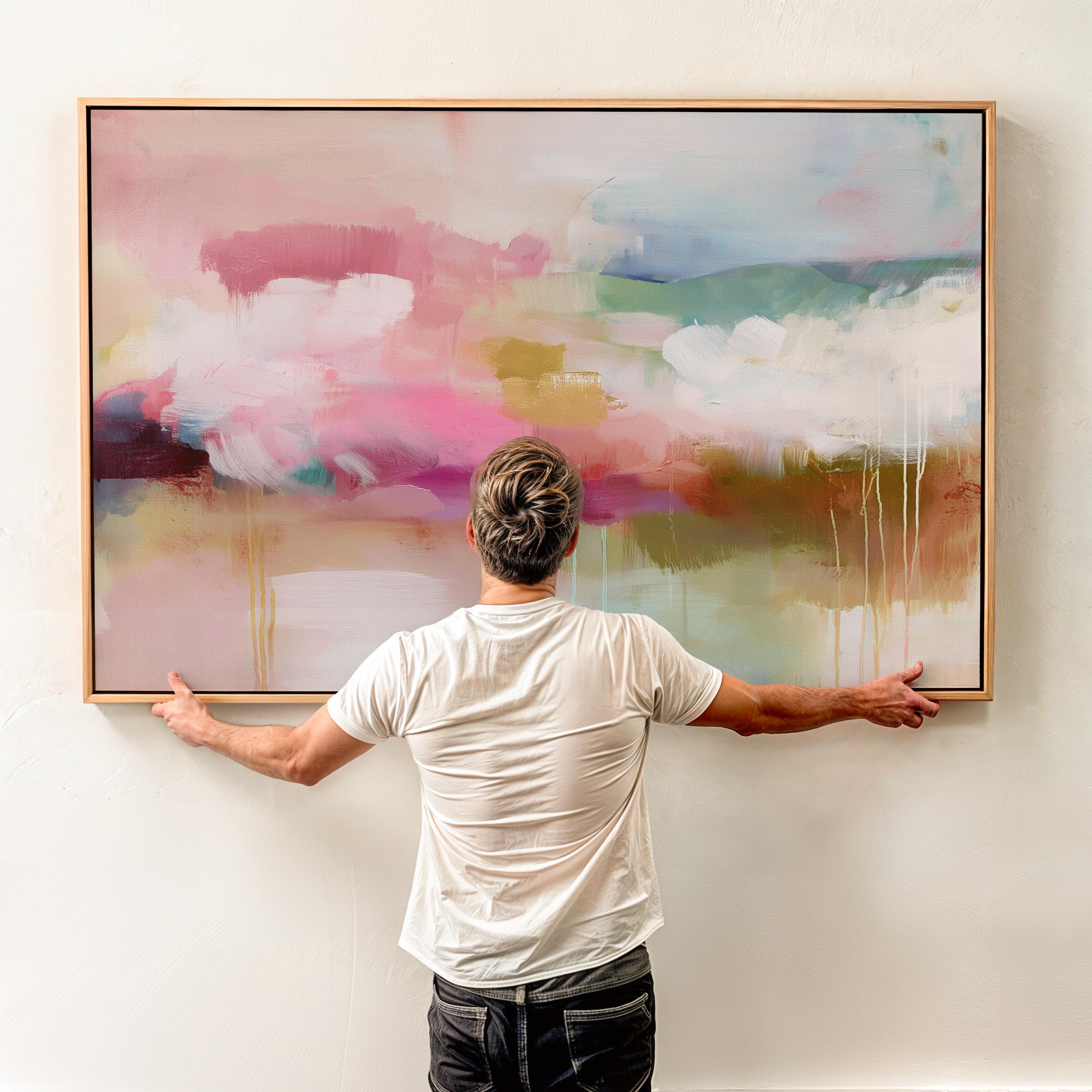 Horizontal framed abstract wall art blending blush pink, sage green, and golden umber with soft painterly drips. A warm minimalist design that evokes natural horizons and organic calm, ideal for living rooms, dining spaces, or design studios. Floater framed in FSC-certified wood with archival cotton-blend canvas for a gallery-quality presentation.