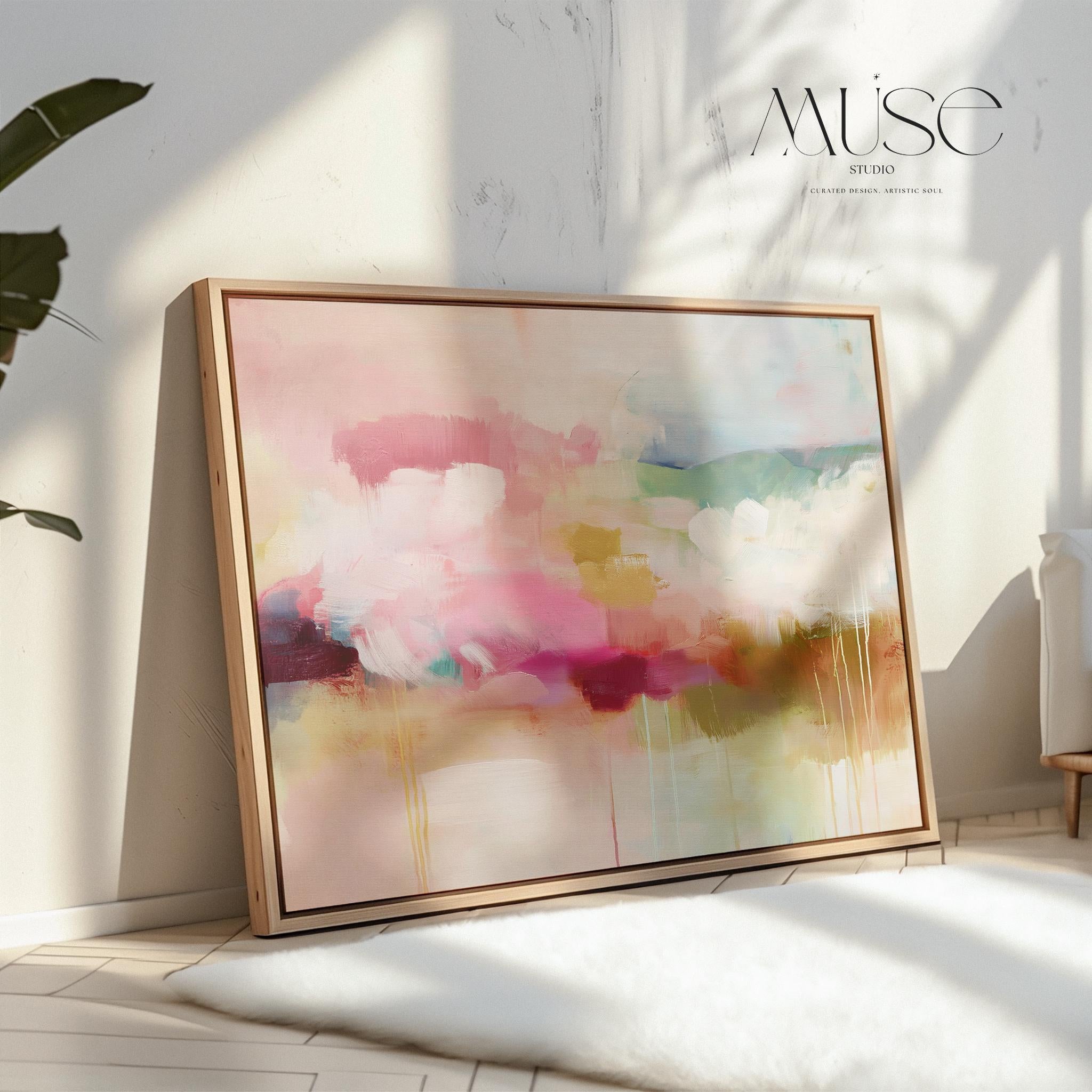 Horizontal framed abstract wall art blending blush pink, sage green, and golden umber with soft painterly drips. A warm minimalist design that evokes natural horizons and organic calm, ideal for living rooms, dining spaces, or design studios. Floater framed in FSC-certified wood with archival cotton-blend canvas for a gallery-quality presentation.