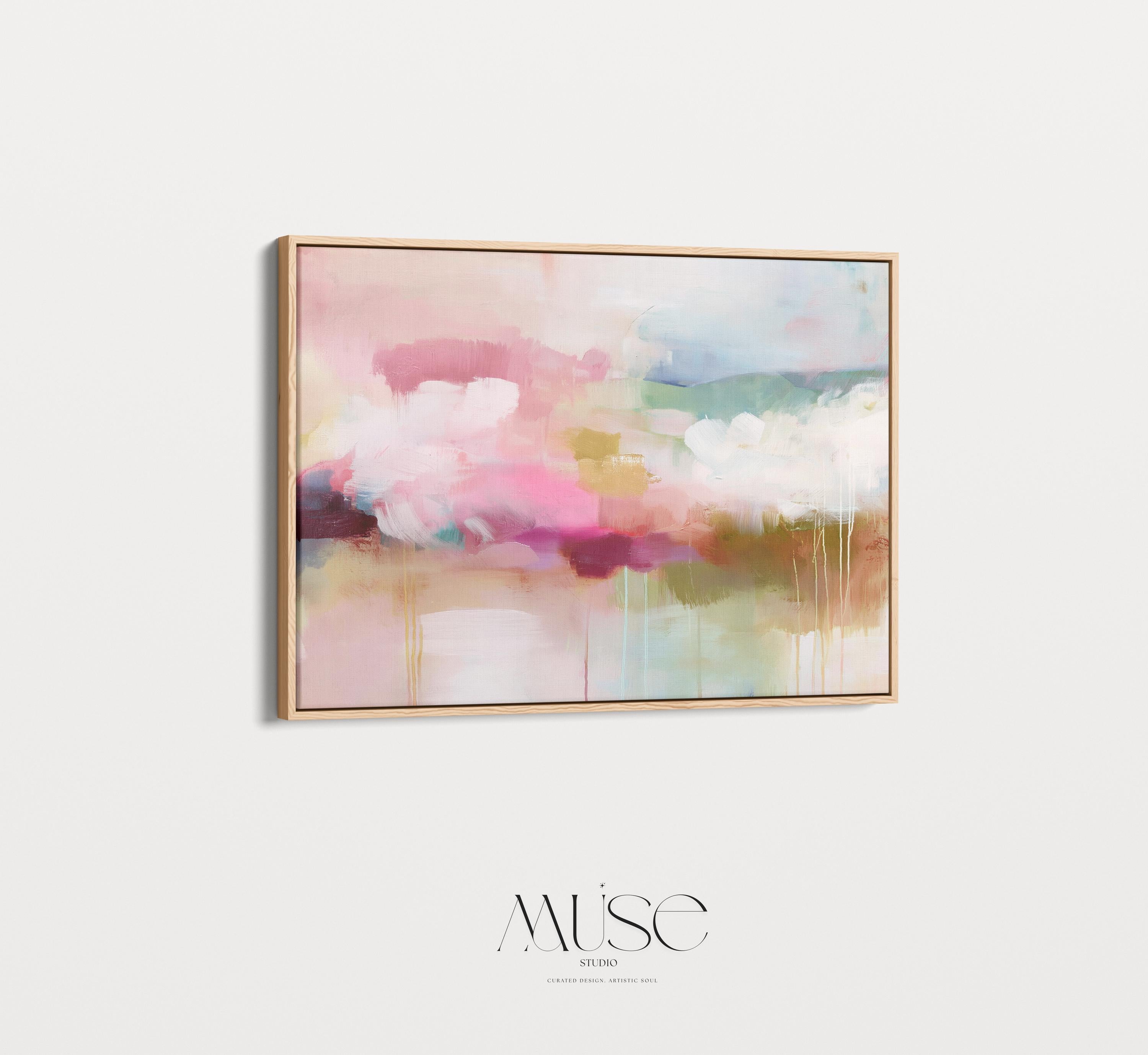 Horizontal framed abstract wall art blending blush pink, sage green, and golden umber with soft painterly drips. A warm minimalist design that evokes natural horizons and organic calm, ideal for living rooms, dining spaces, or design studios. Floater framed in FSC-certified wood with archival cotton-blend canvas for a gallery-quality presentation.