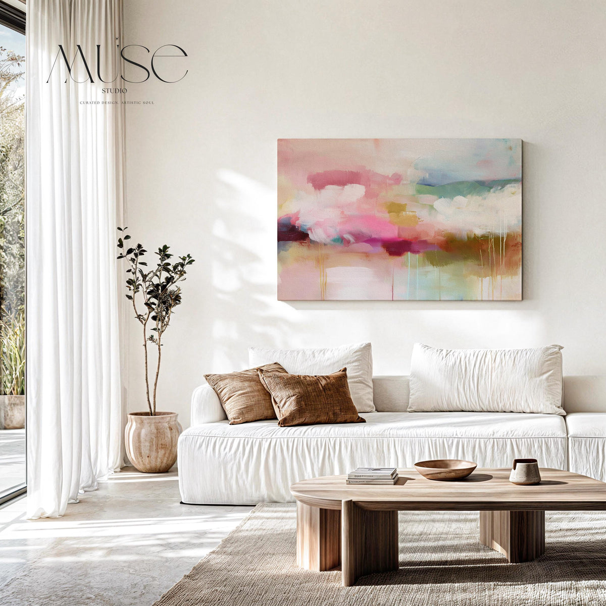 Horizontal abstract wall art featuring soft pink, sage green, and warm beige tones with painterly drips and horizon-inspired layers. Ideal for warm minimalist or nature-inspired interiors, this large canvas artwork adds tranquility and refined depth to living rooms, offices, or bedrooms. Printed on archival cotton-blend canvas and hand-stretched for a gallery-quality finish.