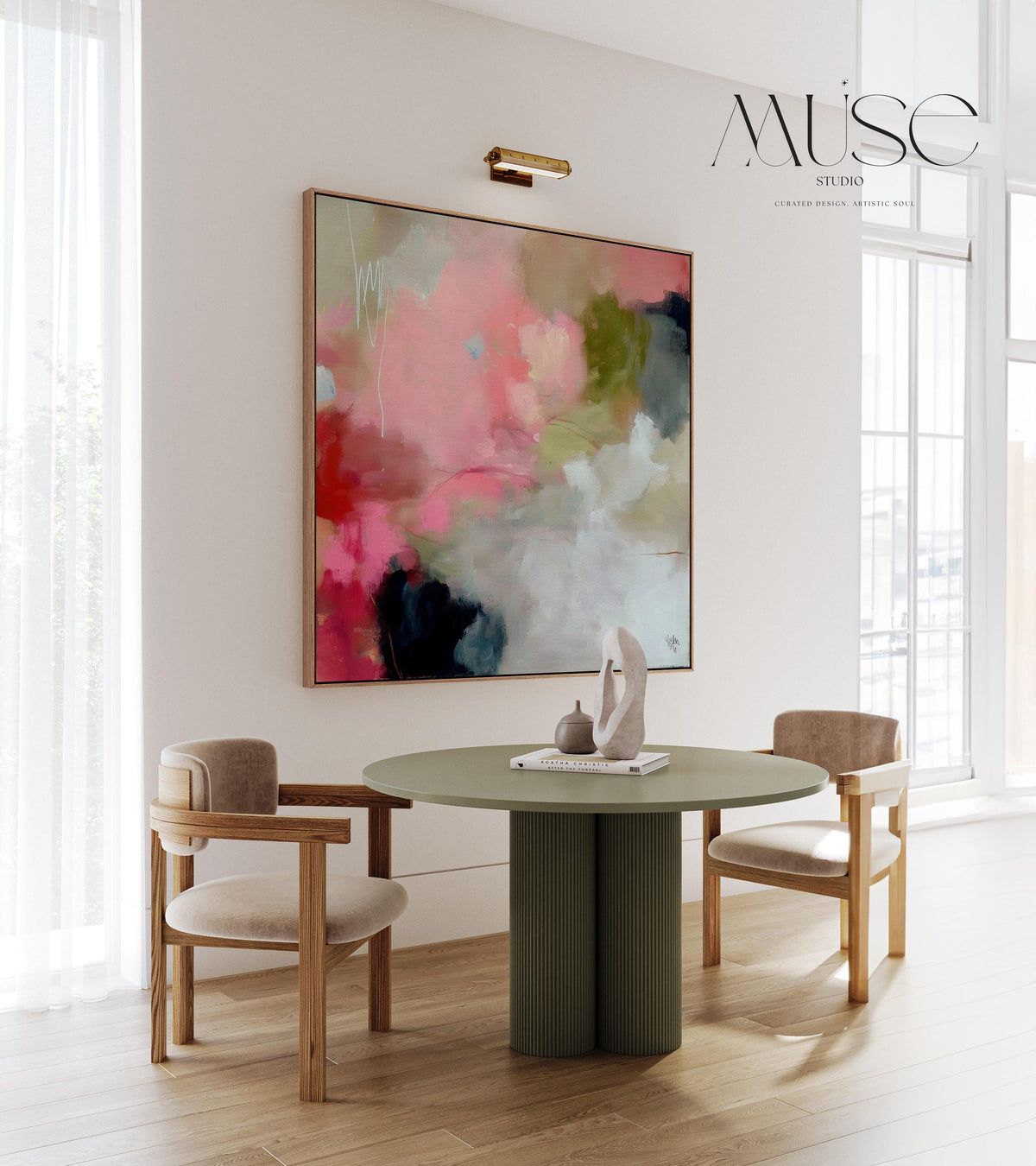 Square framed abstract wall art featuring coral pink, olive green, and soft neutral tones in a painterly composition. Ideal for Soft Contemporary interiors, this warm and expressive artwork complements dining rooms, offices, and statement walls. Floater framed in FSC-certified wood and printed on archival cotton-blend canvas for a refined, gallery-quality finish.