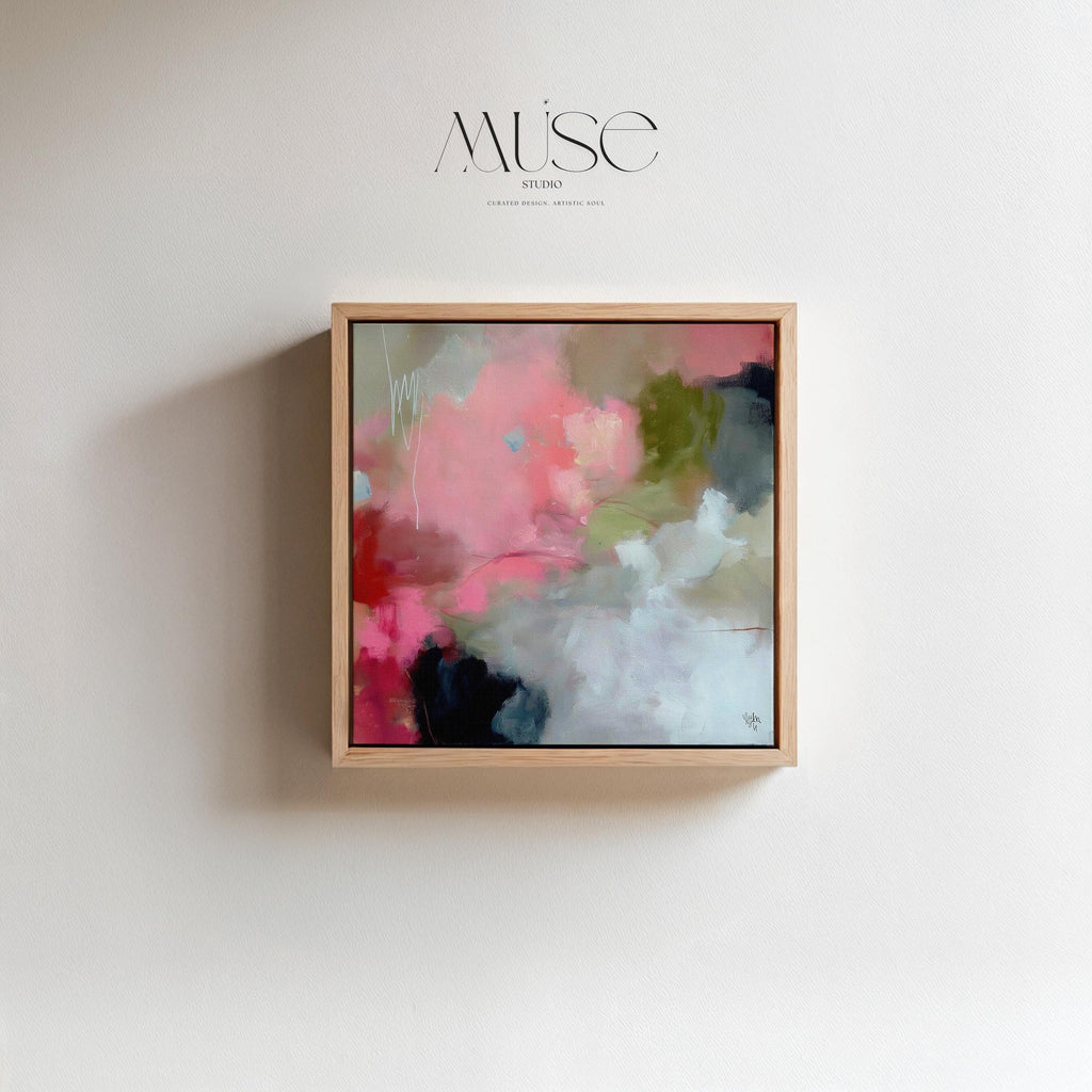 Square framed abstract wall art featuring coral pink, olive green, and soft neutral tones in a painterly composition. Ideal for Soft Contemporary interiors, this warm and expressive artwork complements dining rooms, offices, and statement walls. Floater framed in FSC-certified wood and printed on archival cotton-blend canvas for a refined, gallery-quality finish.