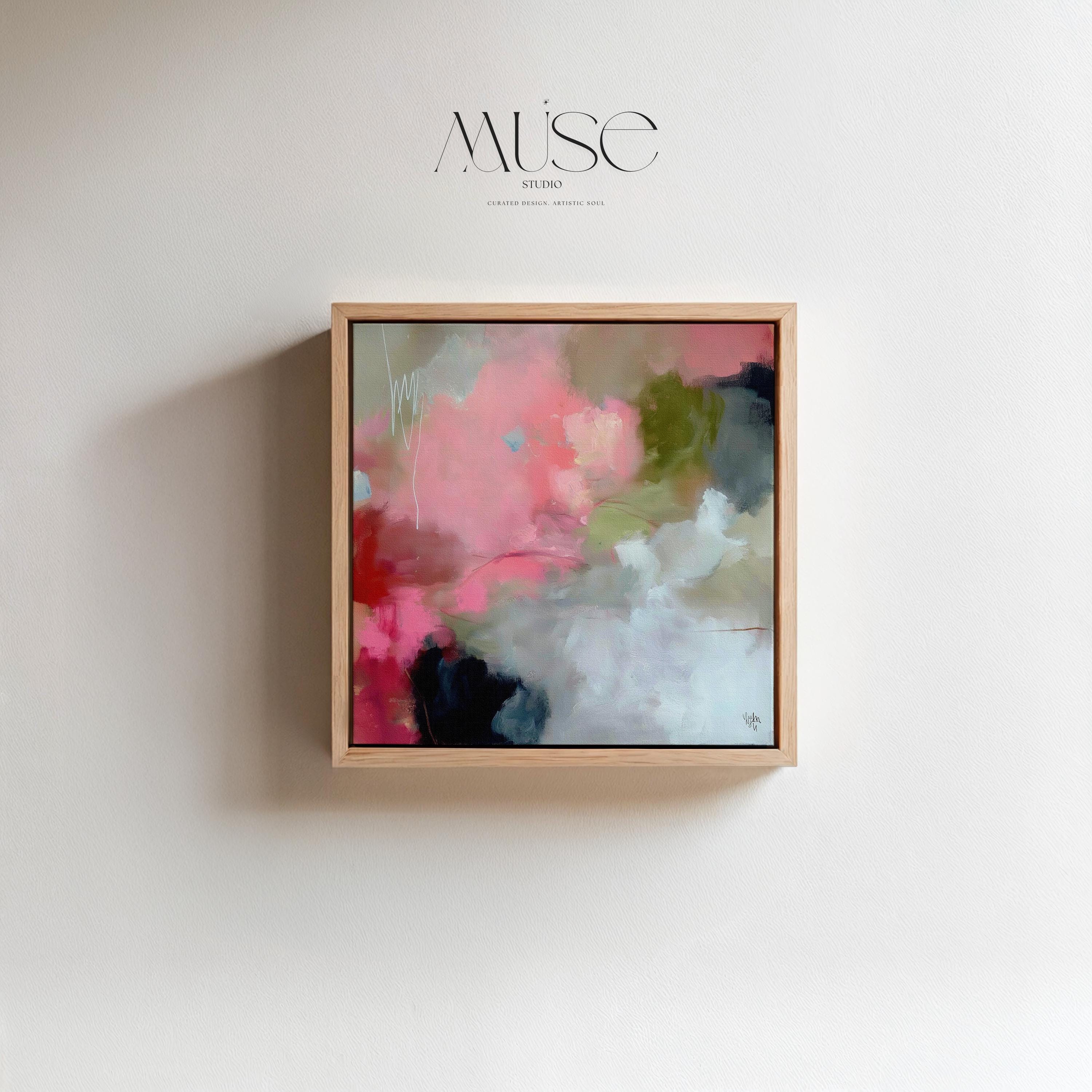 Square framed abstract wall art featuring coral pink, olive green, and soft neutral tones in a painterly composition. Ideal for Soft Contemporary interiors, this warm and expressive artwork complements dining rooms, offices, and statement walls. Floater framed in FSC-certified wood and printed on archival cotton-blend canvas for a refined, gallery-quality finish.