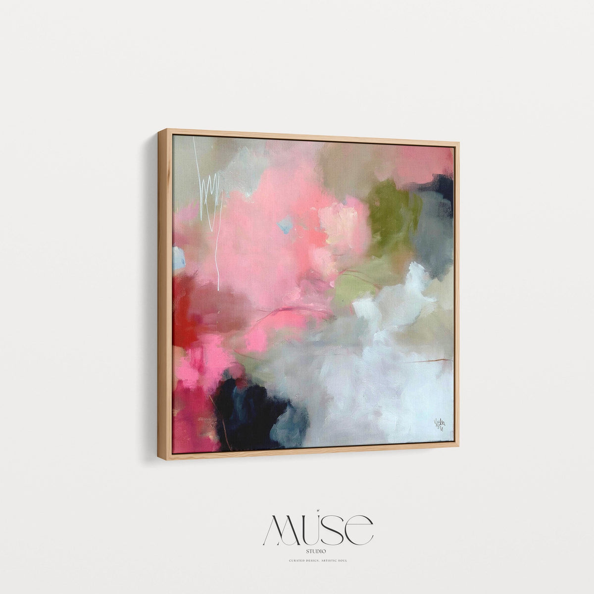 Square framed abstract wall art featuring coral pink, olive green, and soft neutral tones in a painterly composition. Ideal for Soft Contemporary interiors, this warm and expressive artwork complements dining rooms, offices, and statement walls. Floater framed in FSC-certified wood and printed on archival cotton-blend canvas for a refined, gallery-quality finish.