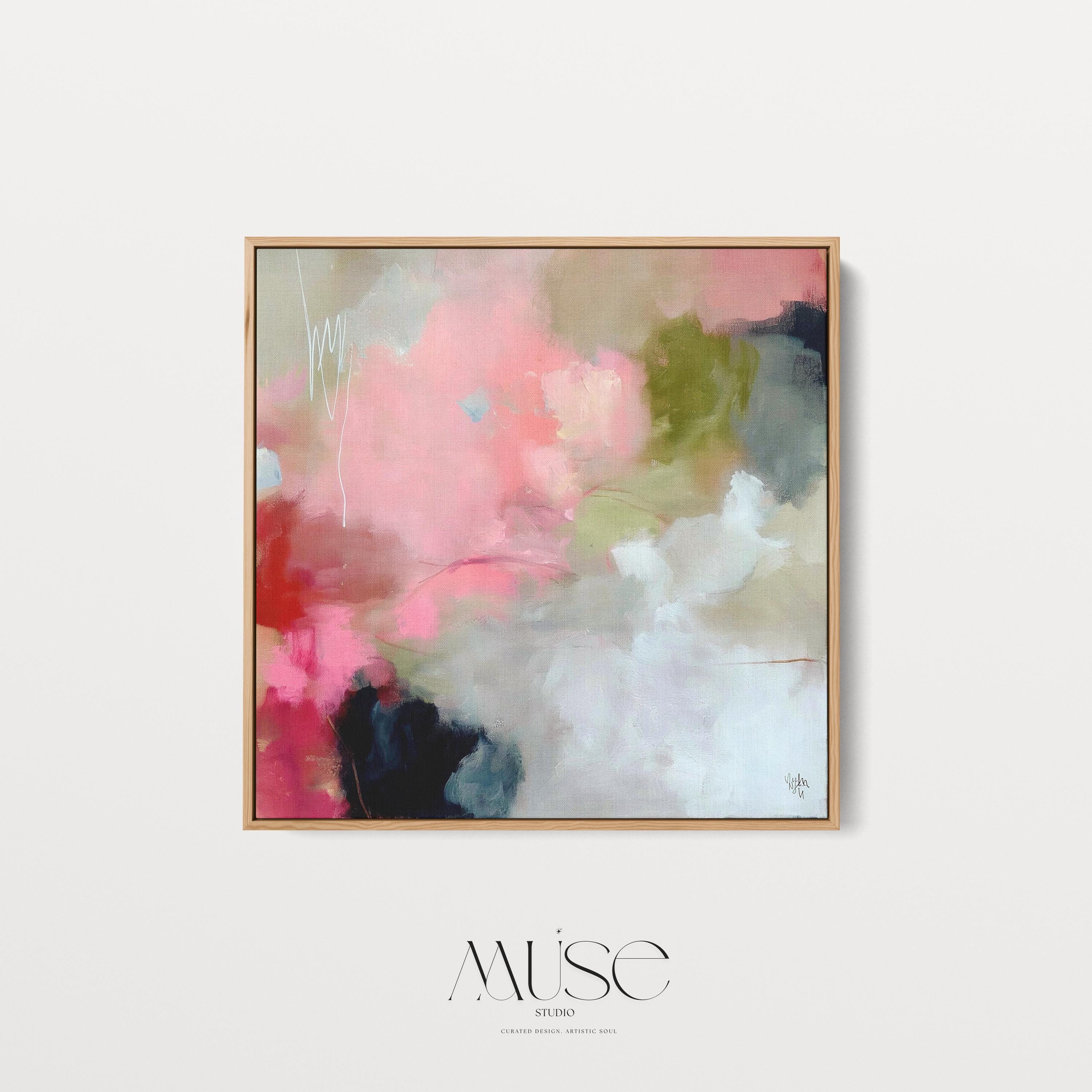 Square framed abstract wall art featuring coral pink, olive green, and soft neutral tones in a painterly composition. Ideal for Soft Contemporary interiors, this warm and expressive artwork complements dining rooms, offices, and statement walls. Floater framed in FSC-certified wood and printed on archival cotton-blend canvas for a refined, gallery-quality finish.