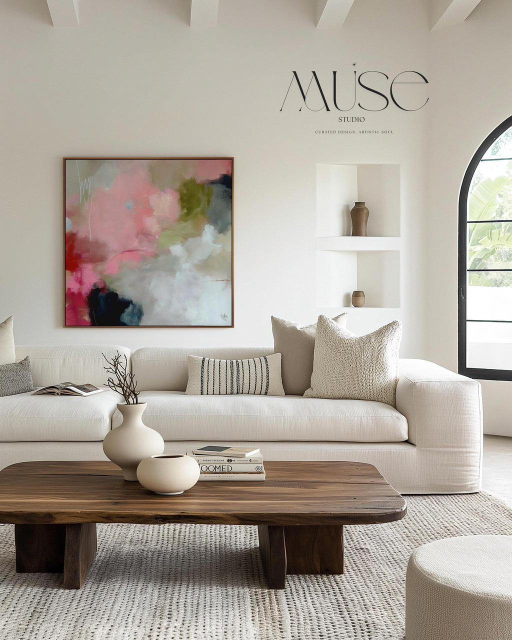 Square framed abstract wall art featuring coral pink, olive green, and soft neutral tones in a painterly composition. Ideal for Soft Contemporary interiors, this warm and expressive artwork complements dining rooms, offices, and statement walls. Floater framed in FSC-certified wood and printed on archival cotton-blend canvas for a refined, gallery-quality finish.