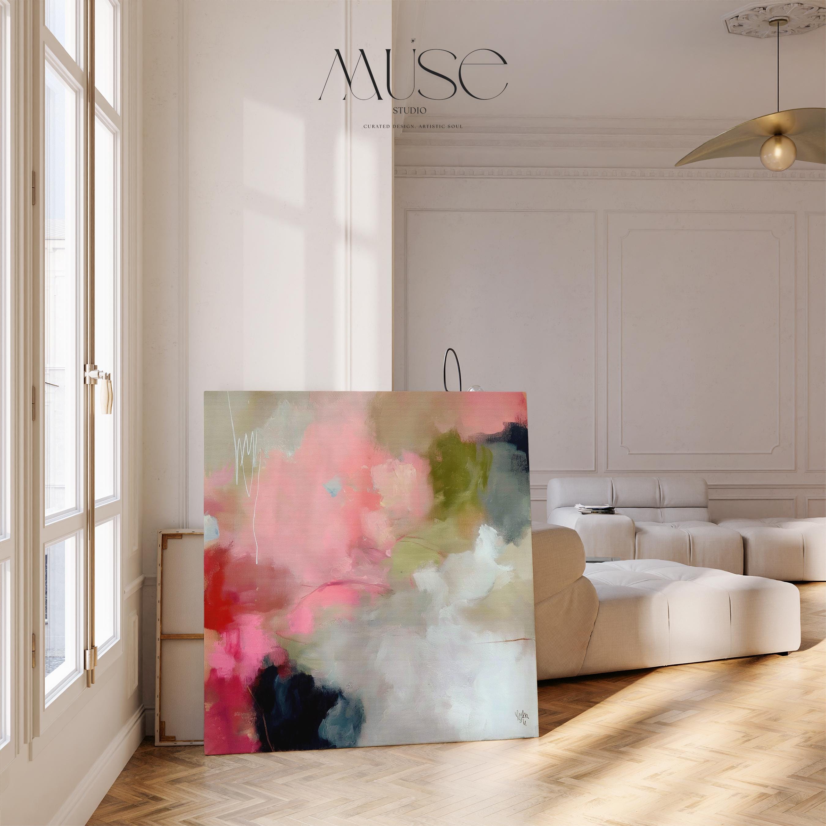 Square abstract canvas artwork featuring coral pink, moss green, and soft ivory tones blended in painterly layers. Ideal for Soft Contemporary interiors, this warm and expressive design enhances dining rooms, living spaces, or offices with its organic flow and refined color balance. Printed on archival cotton-blend canvas and hand-stretched for a gallery-quality presentation.