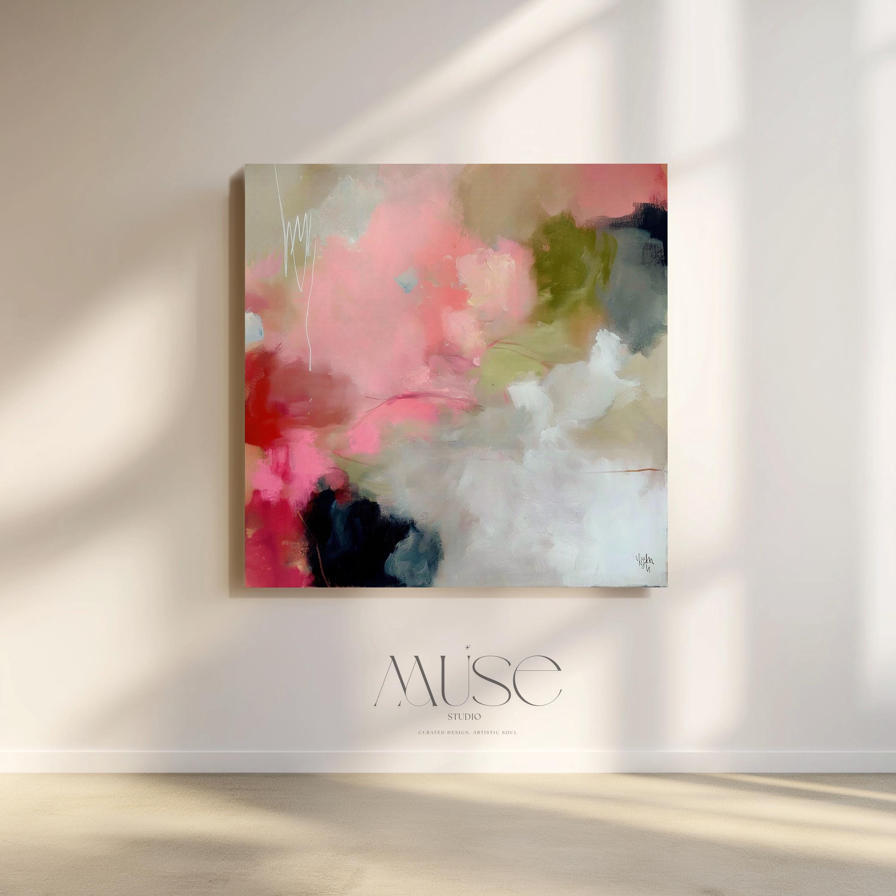 Square abstract canvas artwork featuring coral pink, moss green, and soft ivory tones blended in painterly layers. Ideal for Soft Contemporary interiors, this warm and expressive design enhances dining rooms, living spaces, or offices with its organic flow and refined color balance. Printed on archival cotton-blend canvas and hand-stretched for a gallery-quality presentation.