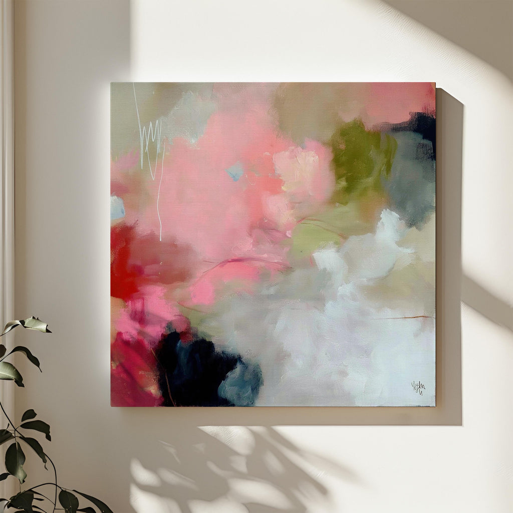 Square abstract canvas artwork featuring coral pink, moss green, and soft ivory tones blended in painterly layers. Ideal for Soft Contemporary interiors, this warm and expressive design enhances dining rooms, living spaces, or offices with its organic flow and refined color balance. Printed on archival cotton-blend canvas and hand-stretched for a gallery-quality presentation.