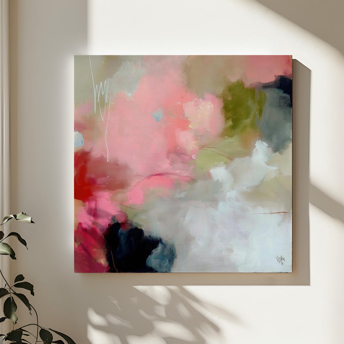 Square abstract canvas artwork featuring coral pink, moss green, and soft ivory tones blended in painterly layers. Ideal for Soft Contemporary interiors, this warm and expressive design enhances dining rooms, living spaces, or offices with its organic flow and refined color balance. Printed on archival cotton-blend canvas and hand-stretched for a gallery-quality presentation.