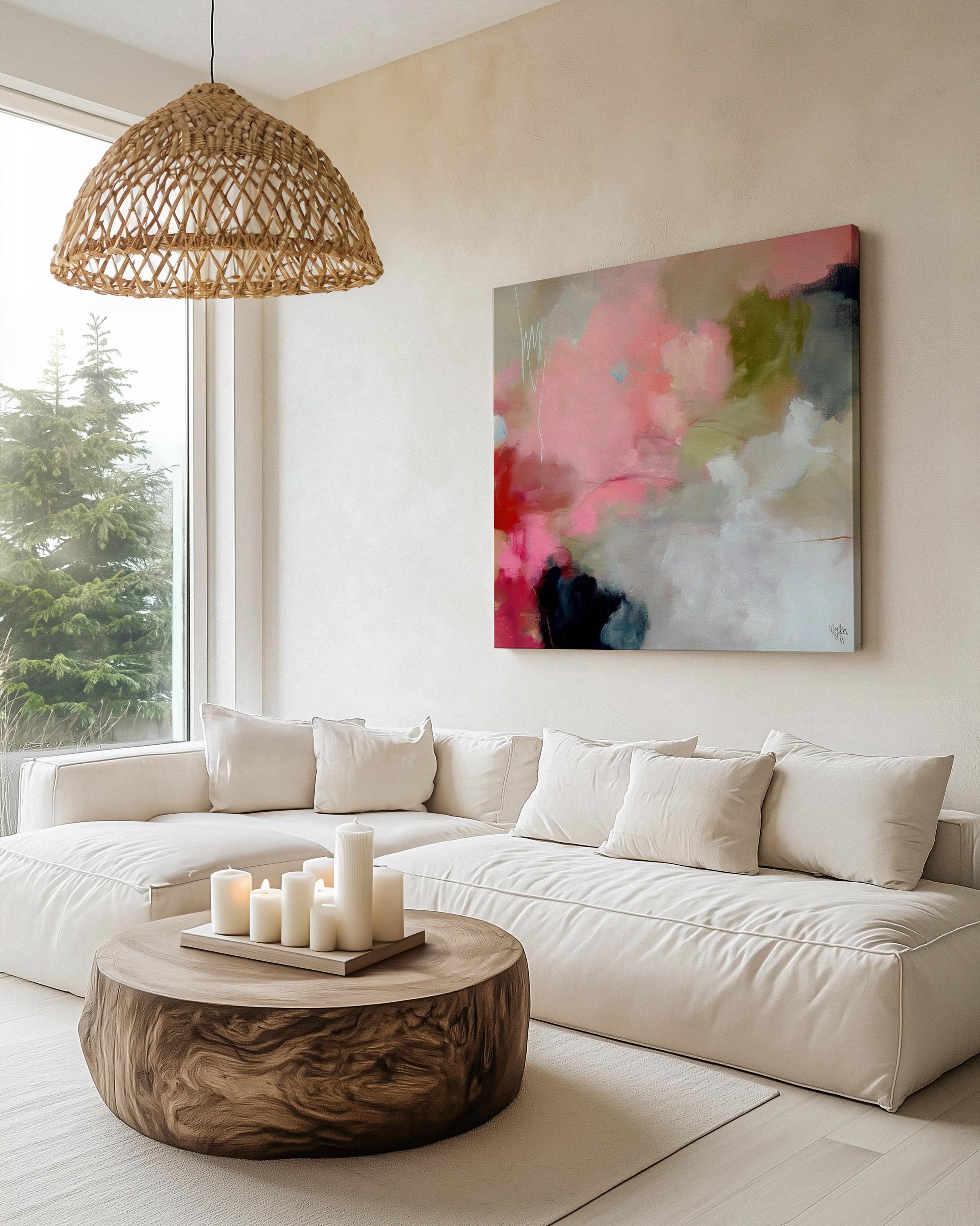 Square abstract canvas artwork featuring coral pink, moss green, and soft ivory tones blended in painterly layers. Ideal for Soft Contemporary interiors, this warm and expressive design enhances dining rooms, living spaces, or offices with its organic flow and refined color balance. Printed on archival cotton-blend canvas and hand-stretched for a gallery-quality presentation.