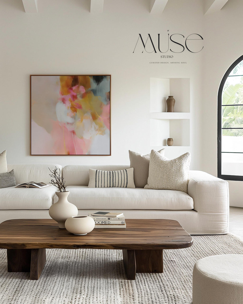 Square framed abstract wall art featuring blush pink, golden ochre, and pale blue hues in a softly layered composition. Perfect for Soft Contemporary interiors, this refined artwork complements bedrooms, living rooms, or curated studios with its warm minimalist palette and painterly texture. Floater framed in FSC-certified wood and printed on archival cotton-blend canvas for a designer-quality finish.