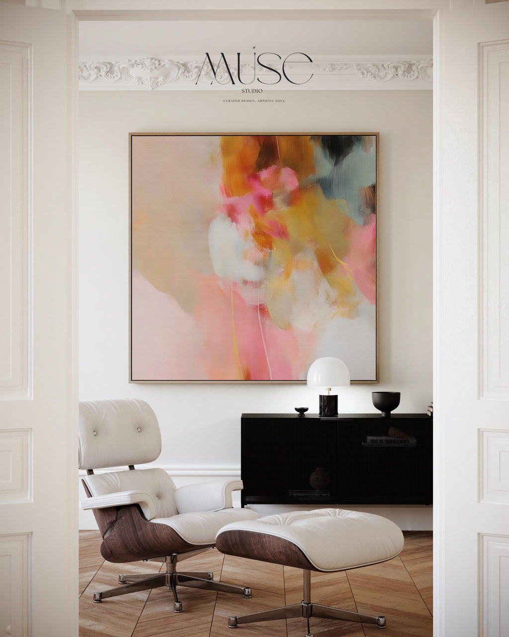 Square framed abstract wall art featuring blush pink, golden ochre, and pale blue hues in a softly layered composition. Perfect for Soft Contemporary interiors, this refined artwork complements bedrooms, living rooms, or curated studios with its warm minimalist palette and painterly texture. Floater framed in FSC-certified wood and printed on archival cotton-blend canvas for a designer-quality finish.