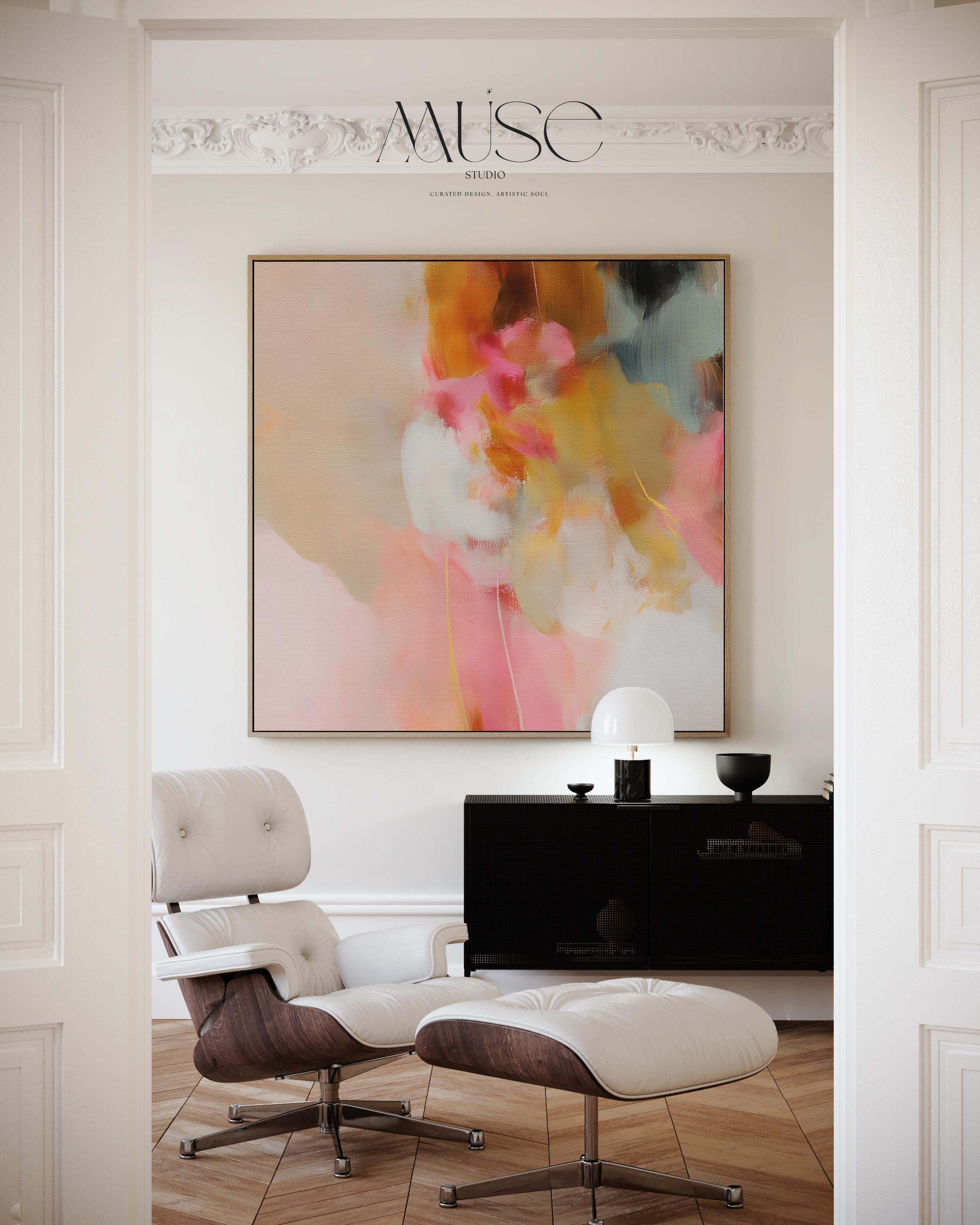 Square framed abstract wall art featuring blush pink, golden ochre, and pale blue hues in a softly layered composition. Perfect for Soft Contemporary interiors, this refined artwork complements bedrooms, living rooms, or curated studios with its warm minimalist palette and painterly texture. Floater framed in FSC-certified wood and printed on archival cotton-blend canvas for a designer-quality finish.