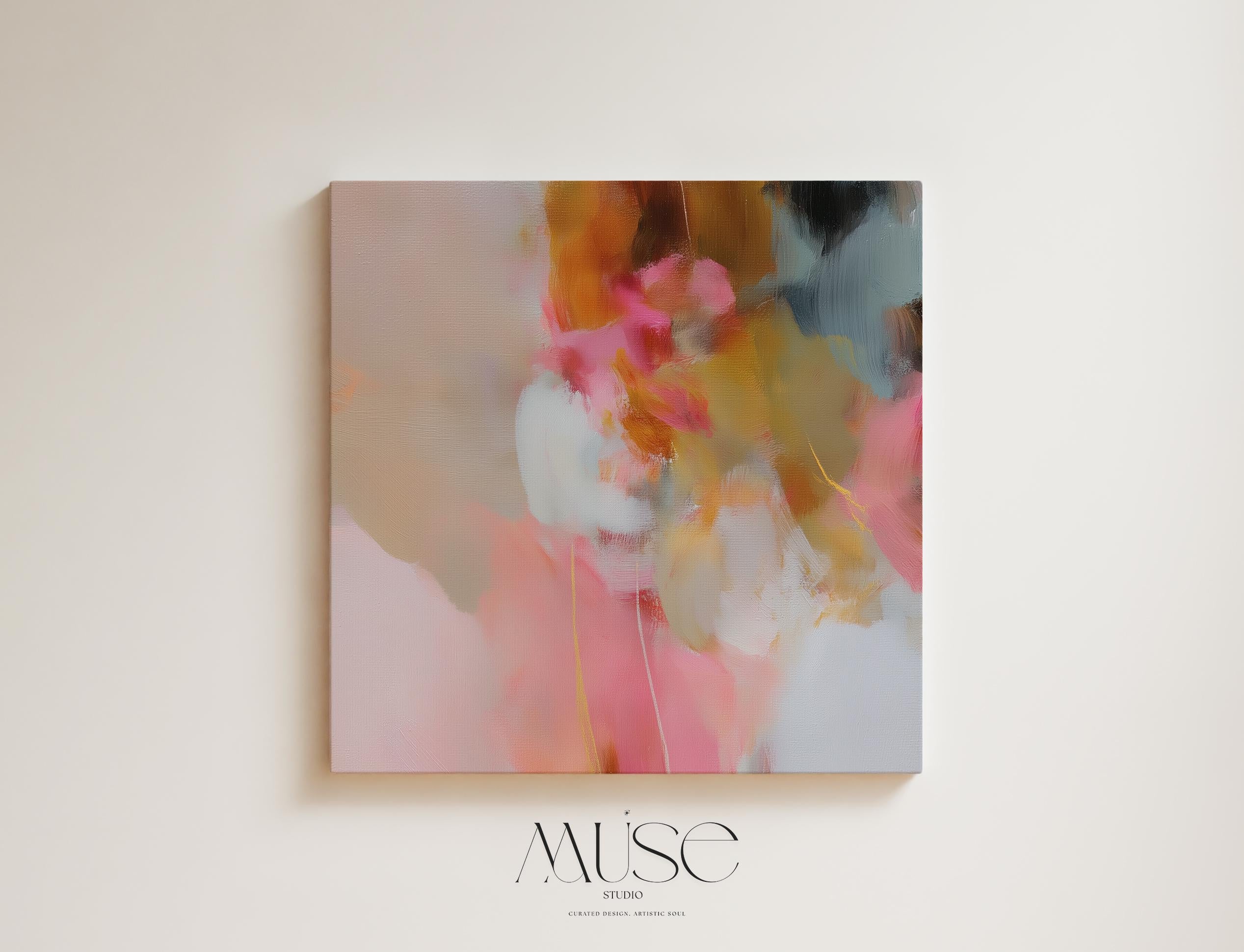 Square abstract canvas artwork featuring blush pink, golden ochre, and soft neutral tones in a painterly composition. Designed for Soft Contemporary interiors, this refined piece adds warmth and movement to bedrooms, living rooms, or designer-curated spaces. Printed on archival cotton-blend canvas and hand-stretched for a gallery-quality finish with timeless appeal.
