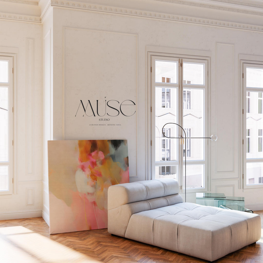 Square abstract canvas artwork featuring blush pink, golden ochre, and soft neutral tones in a painterly composition. Designed for Soft Contemporary interiors, this refined piece adds warmth and movement to bedrooms, living rooms, or designer-curated spaces. Printed on archival cotton-blend canvas and hand-stretched for a gallery-quality finish with timeless appeal.