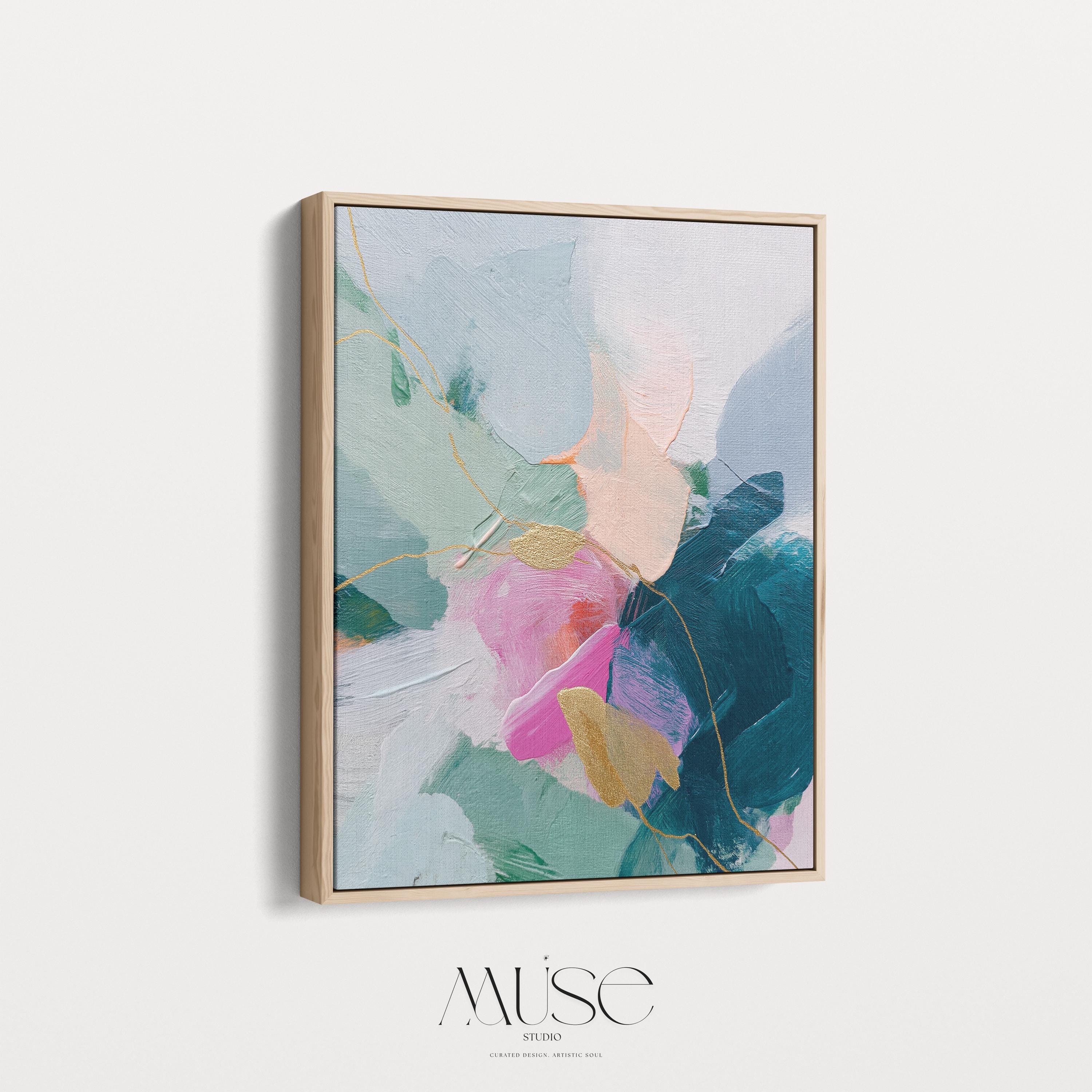 Vertical abstract canvas wall art featuring teal, blush pink, and gold accents with layered brush texture. Designed for transitional and modern interiors, this piece enhances bedrooms, hallways, or living rooms. Available framed or as a gallery-wrapped canvas for curated, designer-forward decor.