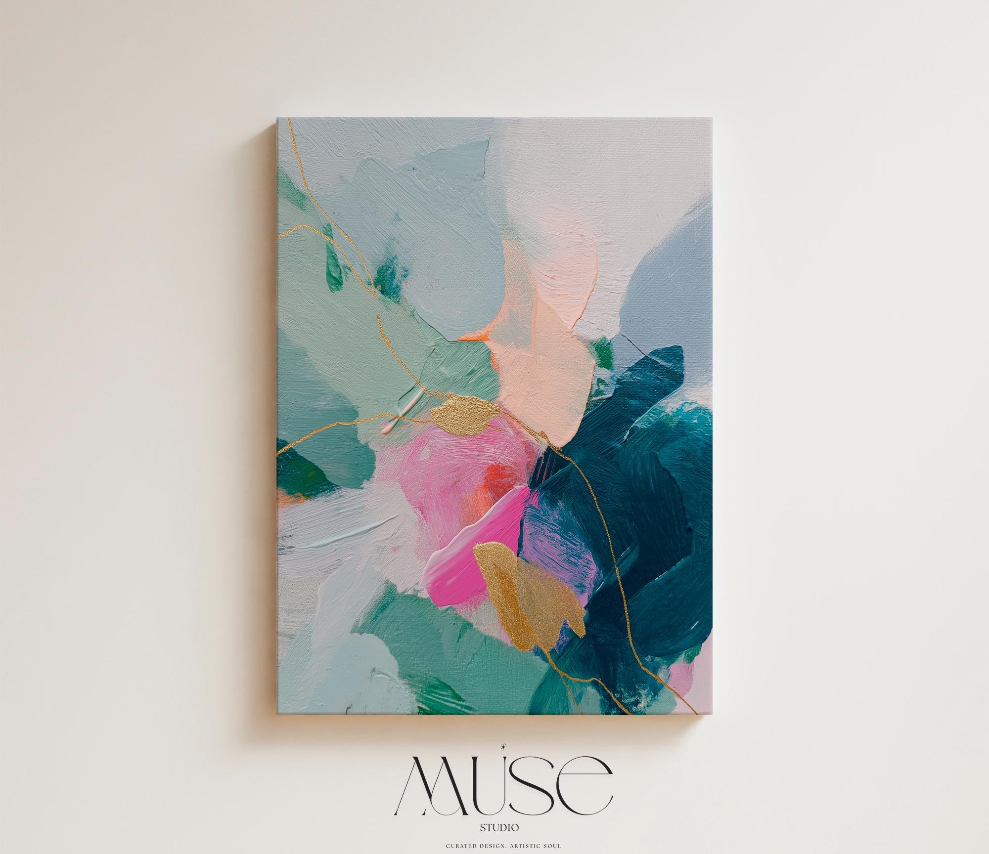 Vertical abstract canvas wall art featuring teal, blush pink, and gold accents with layered brush texture. Designed for transitional and modern interiors, this piece enhances bedrooms, hallways, or living rooms. Available framed or as a gallery-wrapped canvas for curated, designer-forward decor.